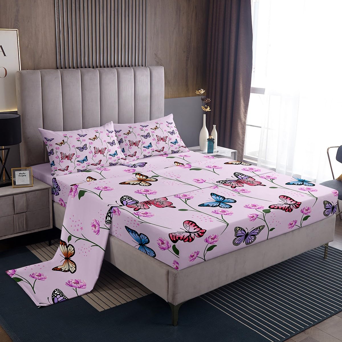 Homemissing Butterfly Bed Sheet Set King Size for Adults Girls Women Teens Butterflies Print Bedding Set Botanical Floral Printed Sheet with Deep Pocket Fitted Sheet+2 Pillowcase Animal Pink Sheet Set
