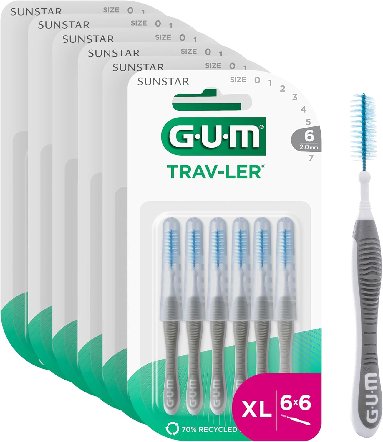 GUM TRAV-LER brossettes interdentaires | nettoyage en profondeur entre les dents | manche pliable | élimination de la plaque dentaire | 2.0mm, ISO 6 | Taille XL | Lot de 6x6