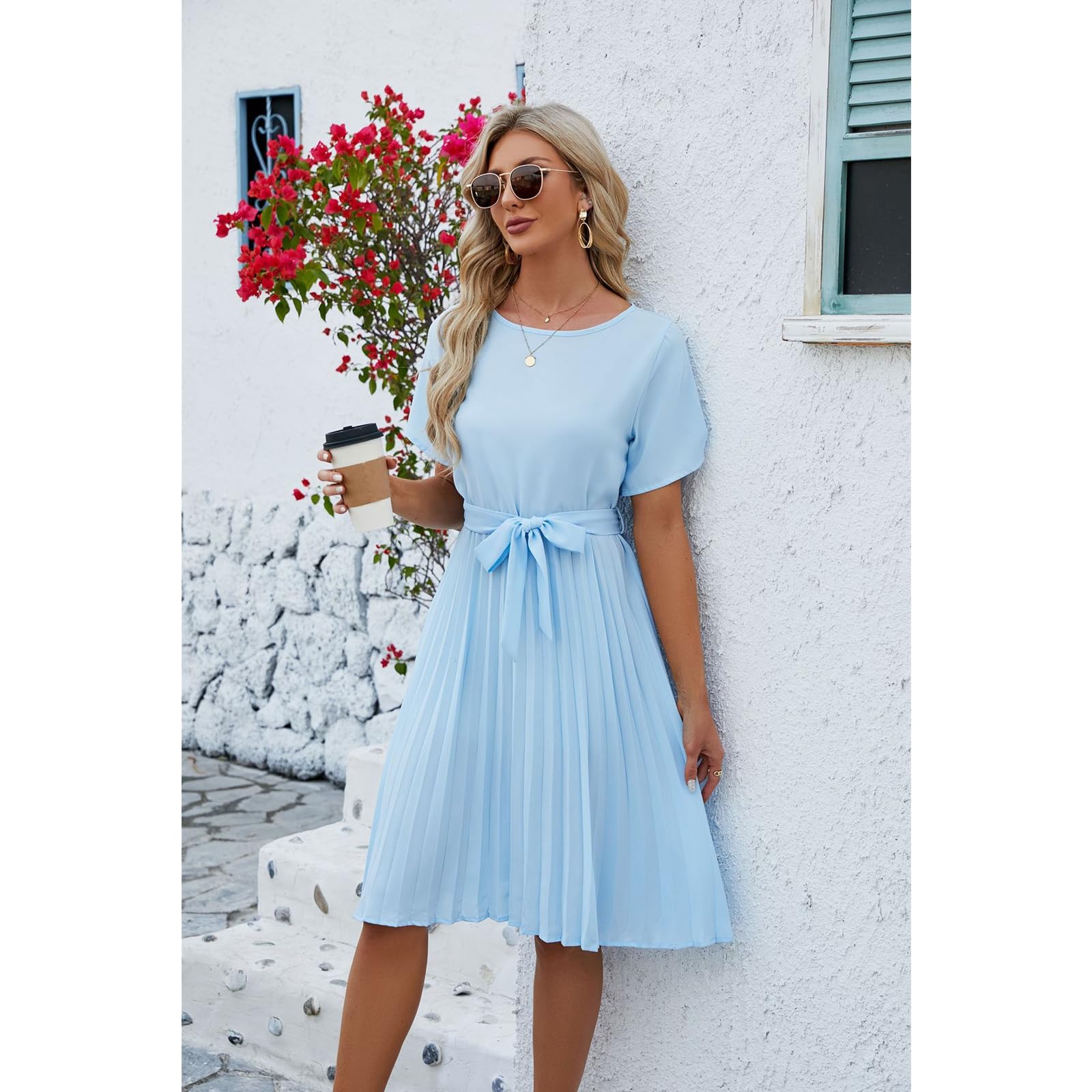 Vestido de Verano Vestido de Mujer con Cuello Redondo Y Mangas Cortas Plisadas Hasta la Rodilla, HUTALIM, Blanco, m