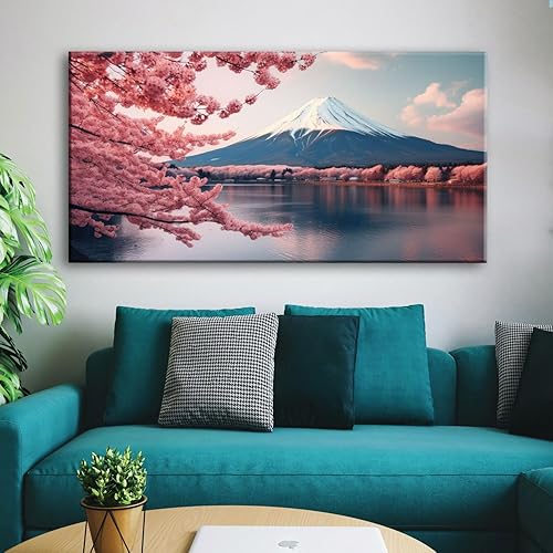 Miniatura 3 de YONICA Arte de pared de montaña para decoración de sala de estar, oficina, paisaje con flores de cerezo rosa y monte Fuji impresión de imagen en