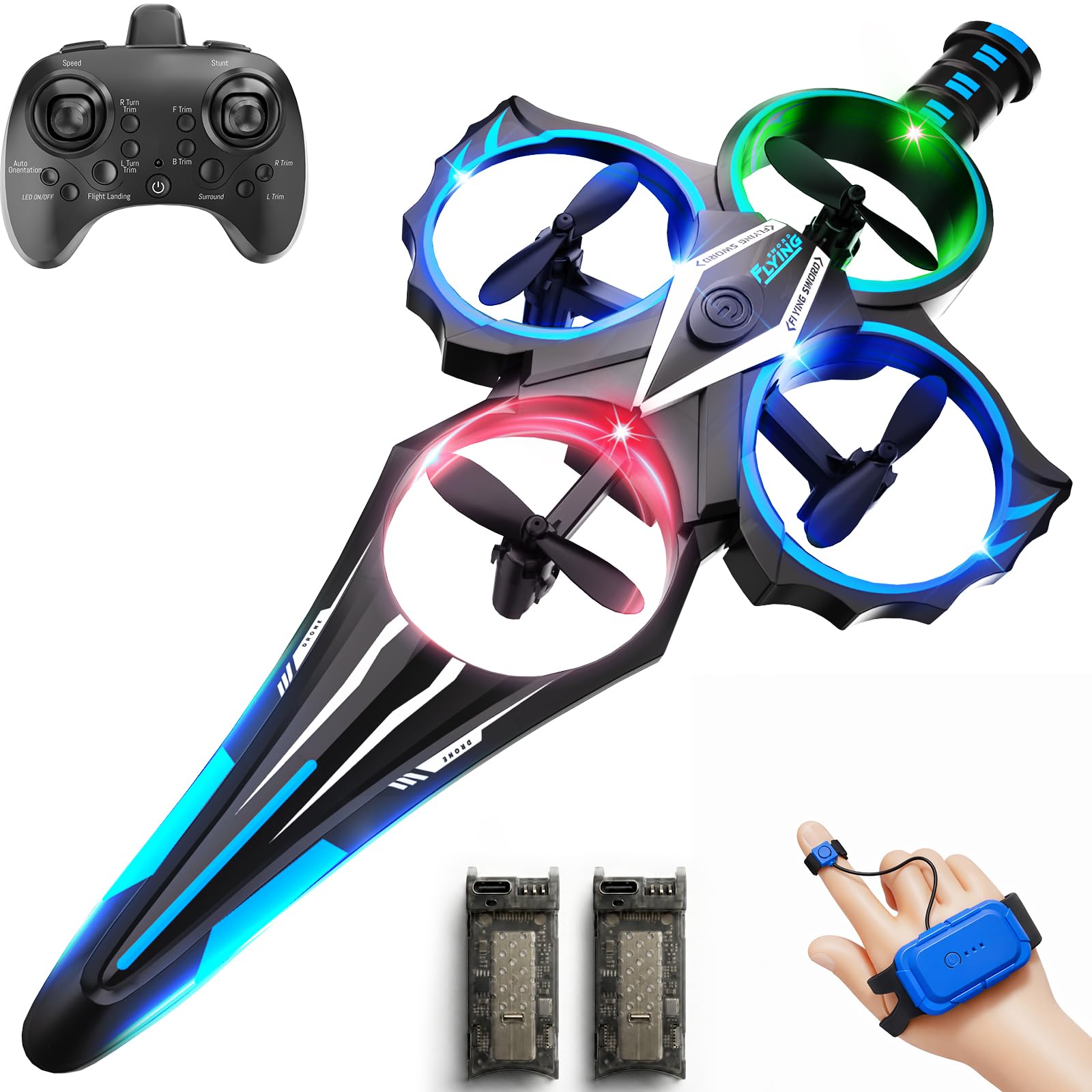Gesture Control Flying Sword RC Airplane Toy for Kids 8-12, Hand Controlled and Remote Control Airplane with LED Lights, 360 Flips, 3 Speeds, Easy Takeoff and Landing, 2 Batteries, Blue Blue- 2batteries