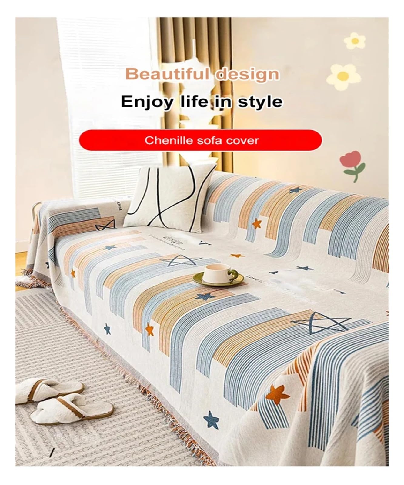 Sofa Handtuch Doppelseitiges Chenille-Sofatuch, All-Inclusive, doppelseitiger Anti-Krallen-Sofabezug for das Wohnzimmer(Orange-Blue x 2,180x320cm)