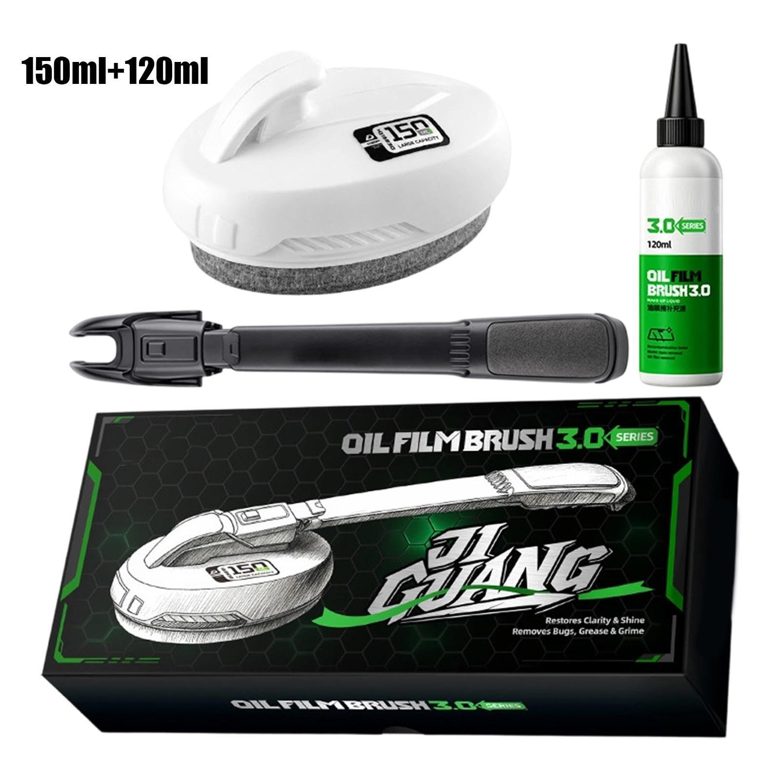 Usuwacz Filmu Olejowego z Szyb Samochodowych Szczotka czyszcząca do filmu | 150 ml Gotowego Środka + 120 ml Uzupełnienia Mycia Szyb Dla czystej widoczności i lusterek
