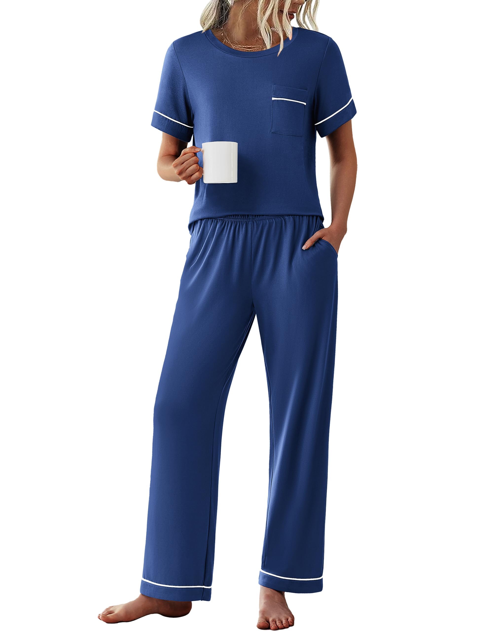 Ekouaer Womens Pajama Sets Short Sleeve Top and Pants 2 Piece Pjs Soft Sleepwear Comfy Lounge Set S-XXL
