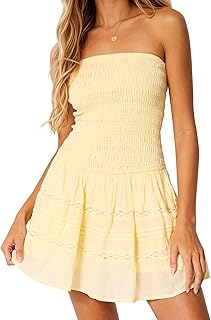 Summer Strapless Smocked Bodice Mini Dresses for Women Vacation Beach Boho Tube A-Line Dress with Pockets - Buy now
