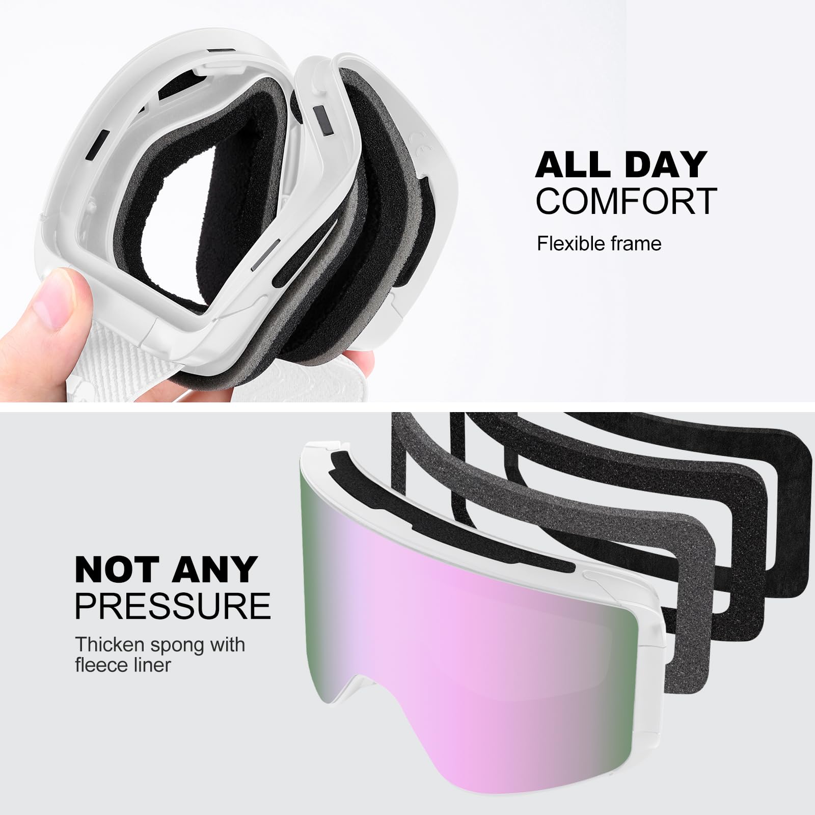 Odoland Kit di Maschera da sci con Lente Rimovibile, Lenti Intercambiabili Magnetico Senza Cornice, Occhiali da Sci Anti-nebbia con Protezione UV400, per Uomini e Donne, Compatibile con Casco