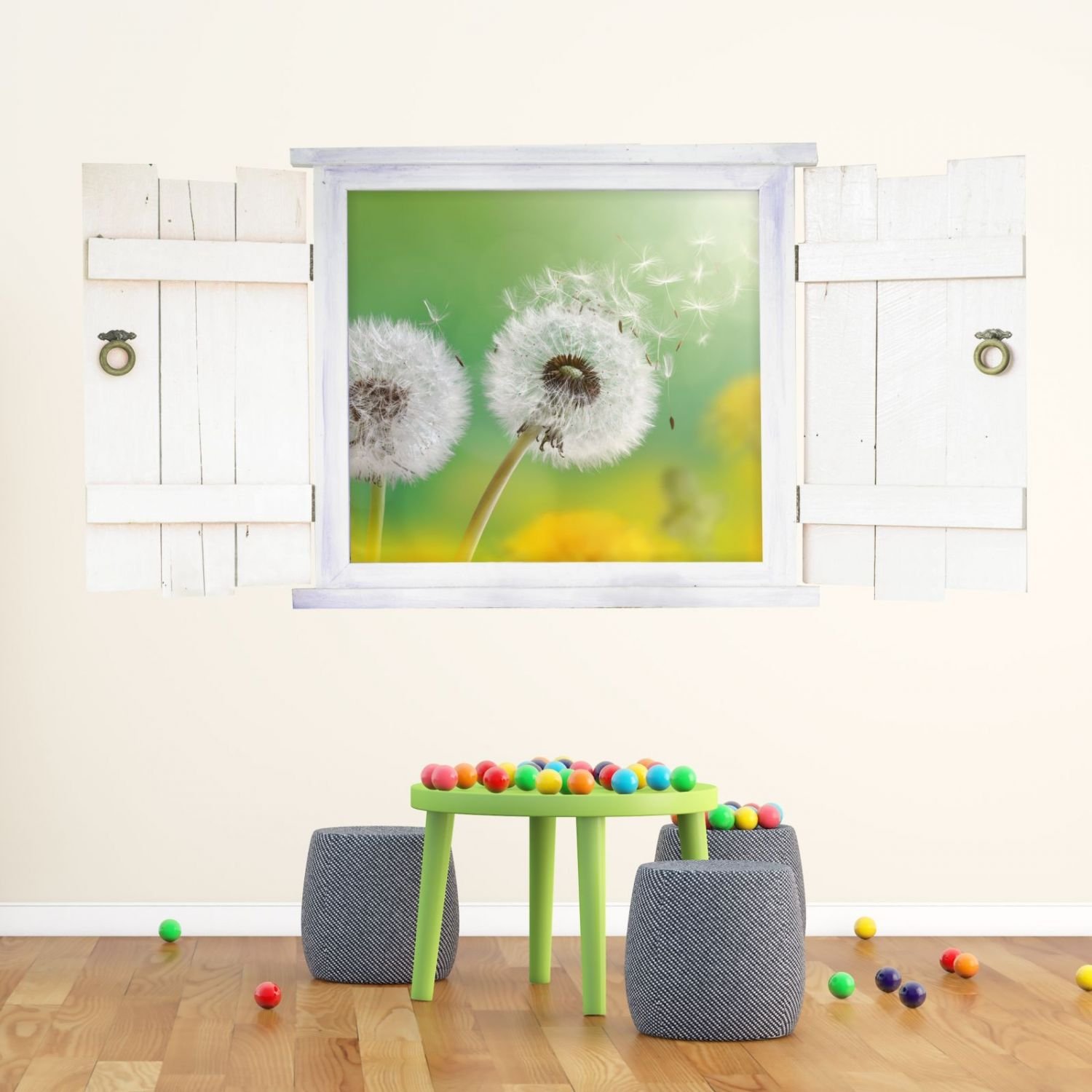 nikima 043 - Adesivo da parete per cameretta dei bambini, motivo soffione nella finestra con persiane, disponibile in 6 misure