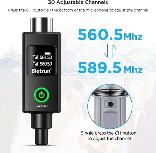 Miniatura 7 de Bietrun Micrófono inalámbrico XLR, UHF Dual Handheld Dynamic Metal Mic Set con receptor recargable, adaptador XLR a 14 pulgadas, para karaoke,