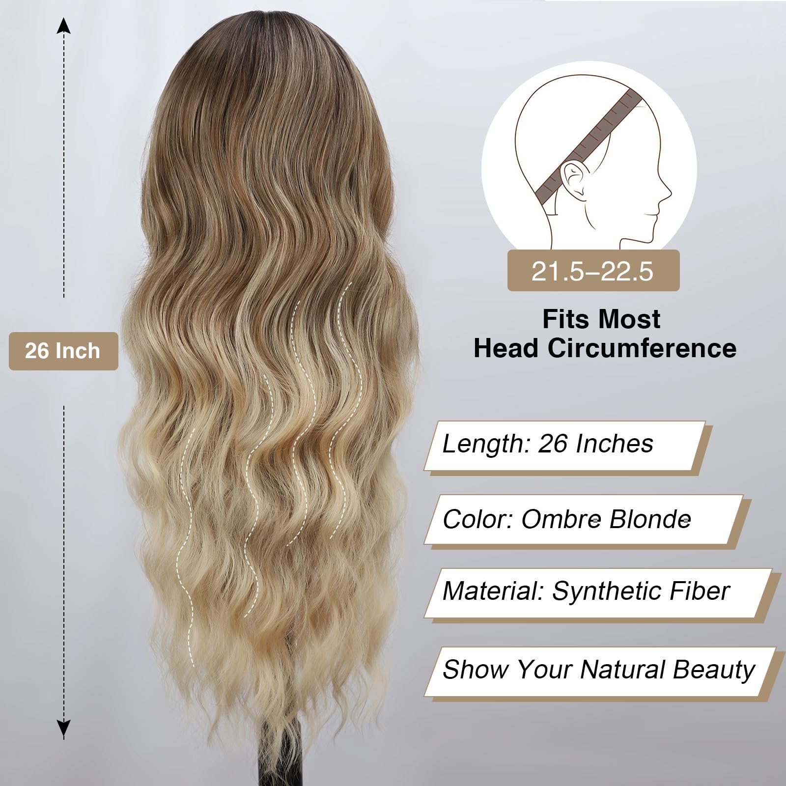 Peluca rubia ombré con flequillo, peluca larga rubia para mujer, 26 pulgadas, pelucas de fibra sintética resistente al calor para fiestas diarias 3
