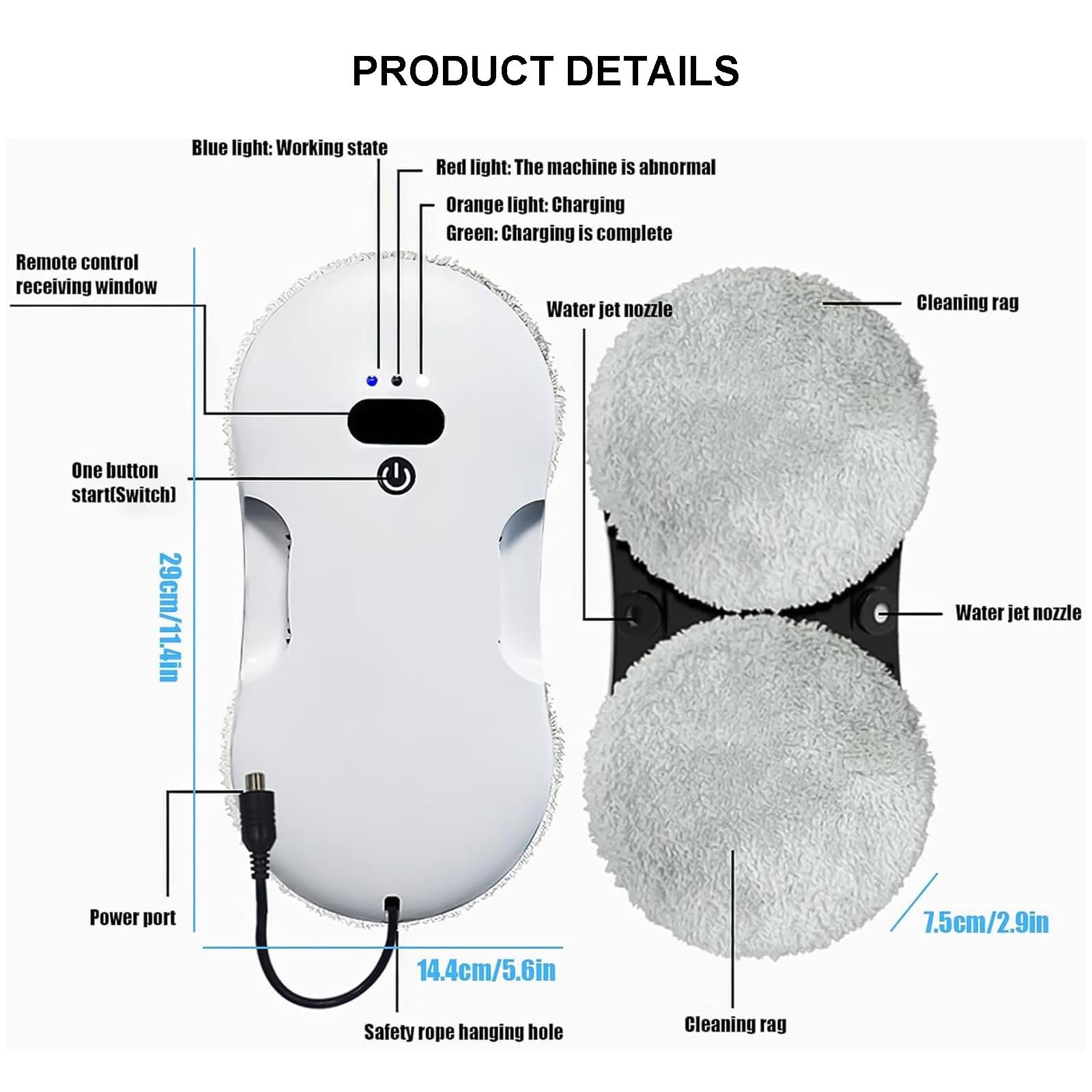 Robot Limpiacristales De 80 W, Pulverizador De Agua Doble Automático Y Potente Succión De 2800 Pa, 3 Modos De Limpieza, Con Control Remoto Y Cuerda De Seguridad.,White