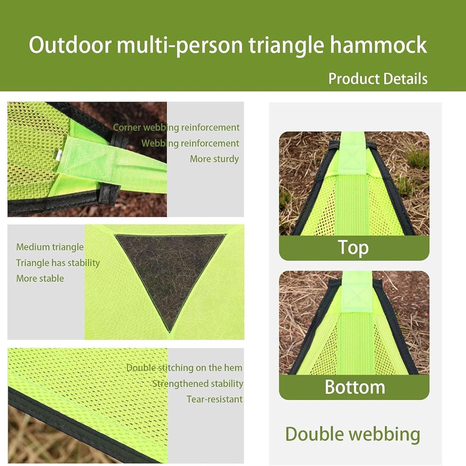 Amaca da campeggio triangolare con cinghie triple e borse in rete, amaca portatile per più persone, capacità 181,4 kg, per viaggi, cortile, all'aperto