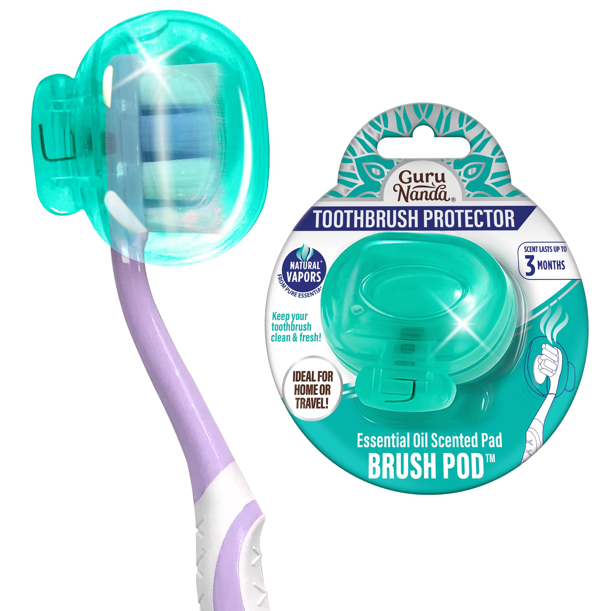 GuruNanda Brush Pods (1 Pack) - Toothbrush Head Cover for Manual & Electric Brushes - Clip-On Plastic Toothbrush Protector with Natural Essential Oil Vapors - Colors Varies