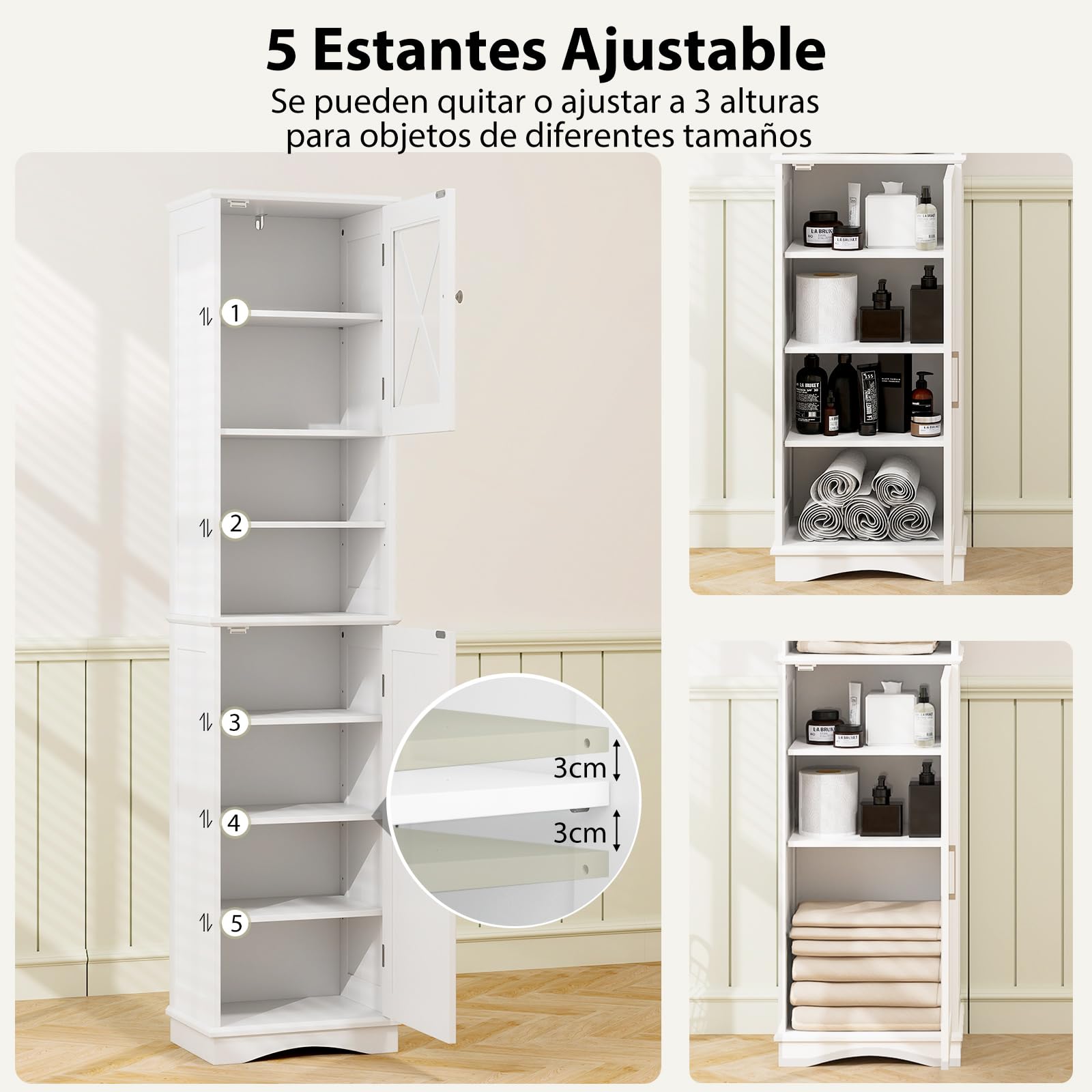 COSTWAY Armario Alto, Mueble Columna de Baño con 2 Puertas y 2 Compartimentos Abiertos, Armario Independiente de Despensa con 5 Estantes Ajustables, Mueble Estrecho con Dispositivo Antivuelco