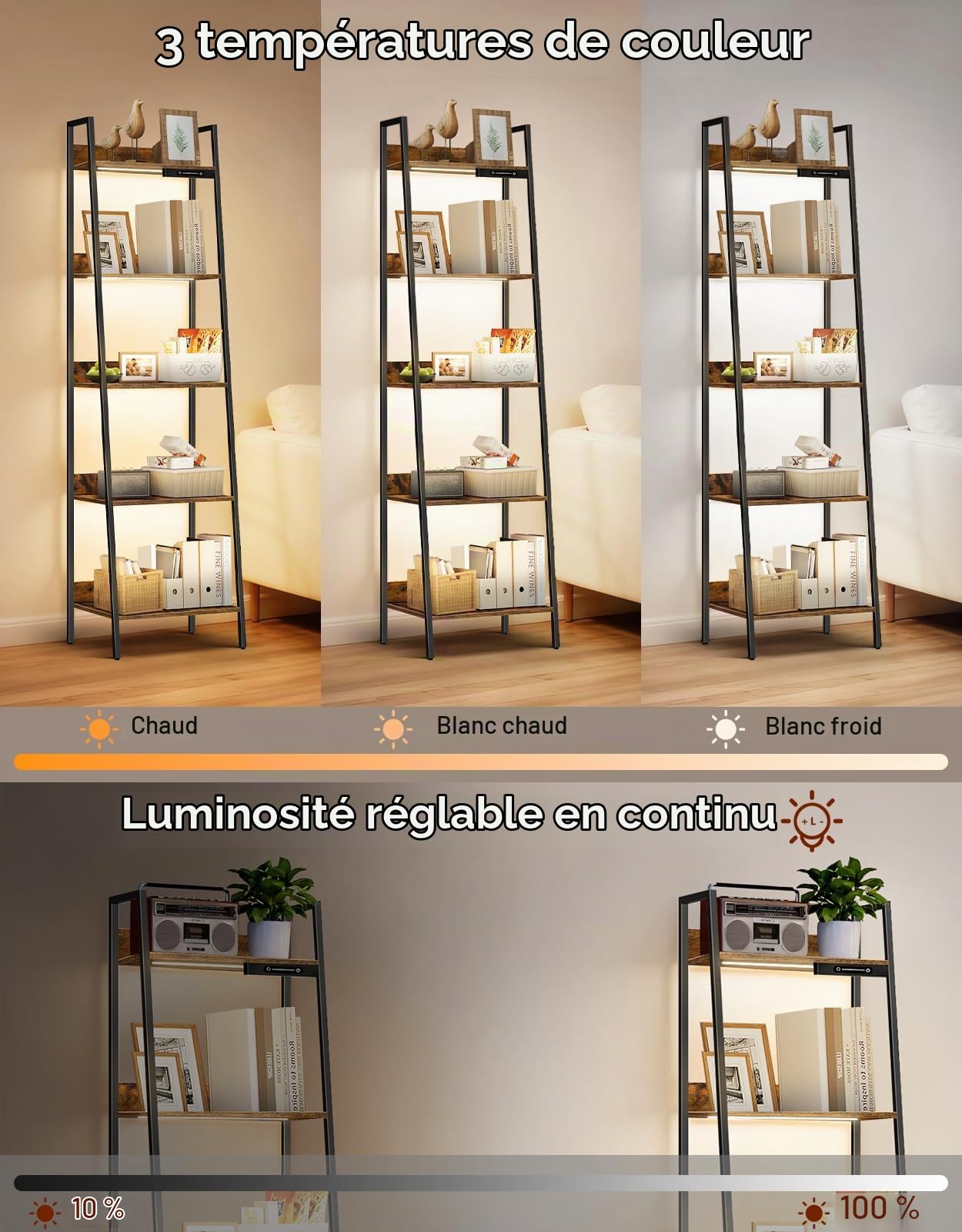 Étagère échelle à 5 Niveaux avec éclairage LED, étagères de Rangement étroites pour bibliothèque, étagères de Style Industriel pour Le Salon
