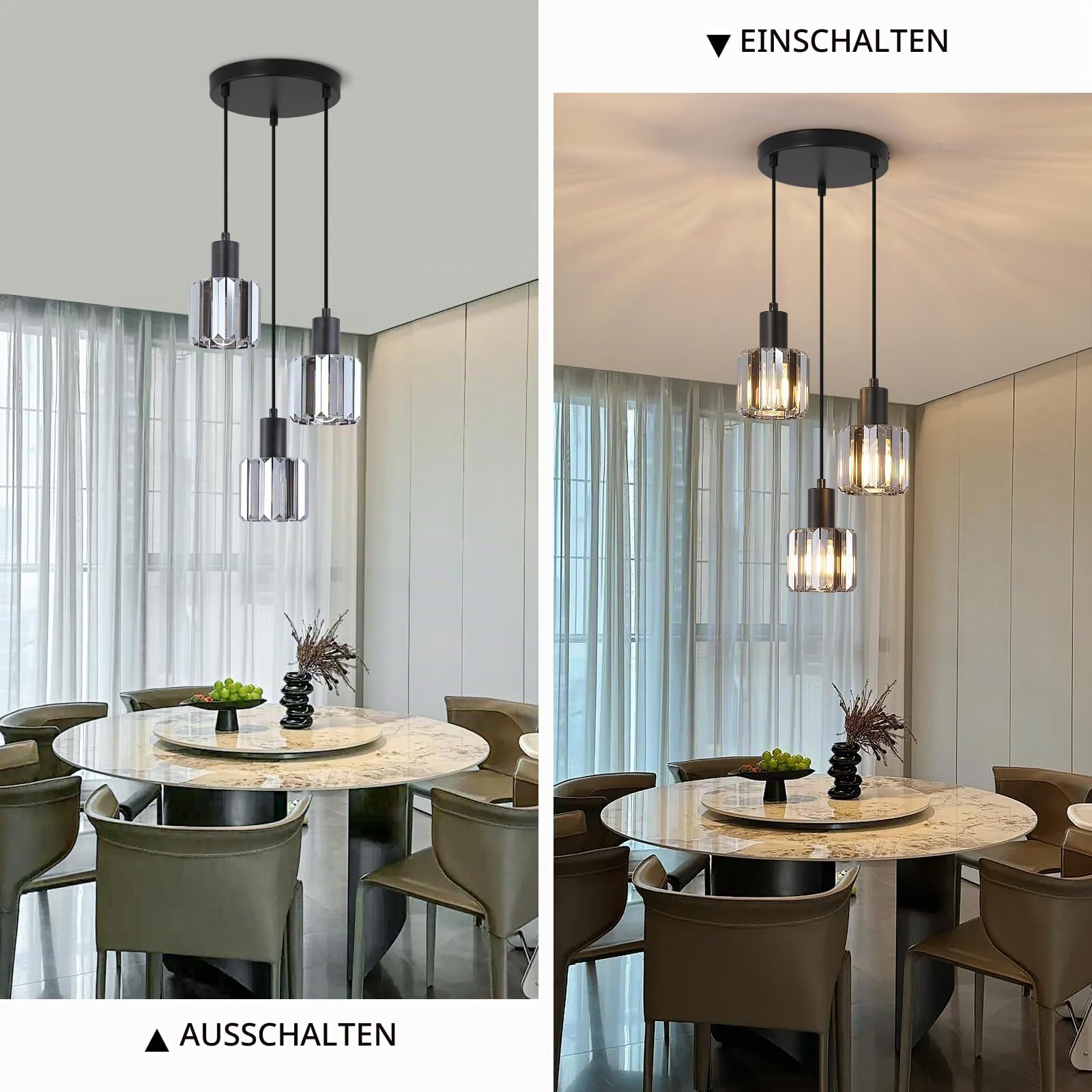 Modern Kristall Pendelleuchte Esstisch Hängelampe Schwarz, 3-flammig Deckenlampe Hängend Wohnzimmer, Glas hängelampe für Schlafzimmer, Küche, Flur, Badezimmer (Aschegrau)