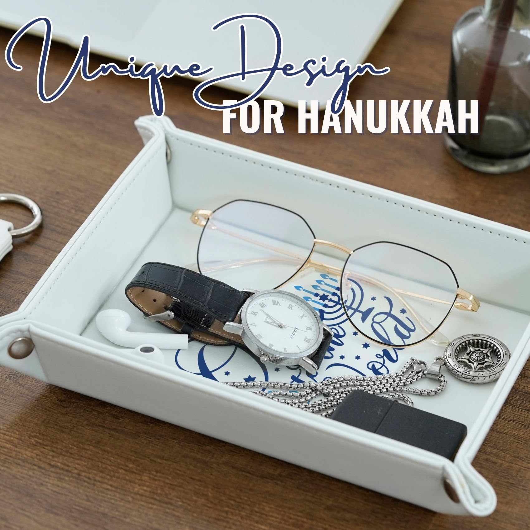 INNObeta Hanukkah Gifts Valet Tray for Women Men, Desktop Storage Organizer PU Leather Bedside Tray Key Coin Holder, Gift for Chanukah Jewish Holiday for Friends, Coworkers - Oy to The World