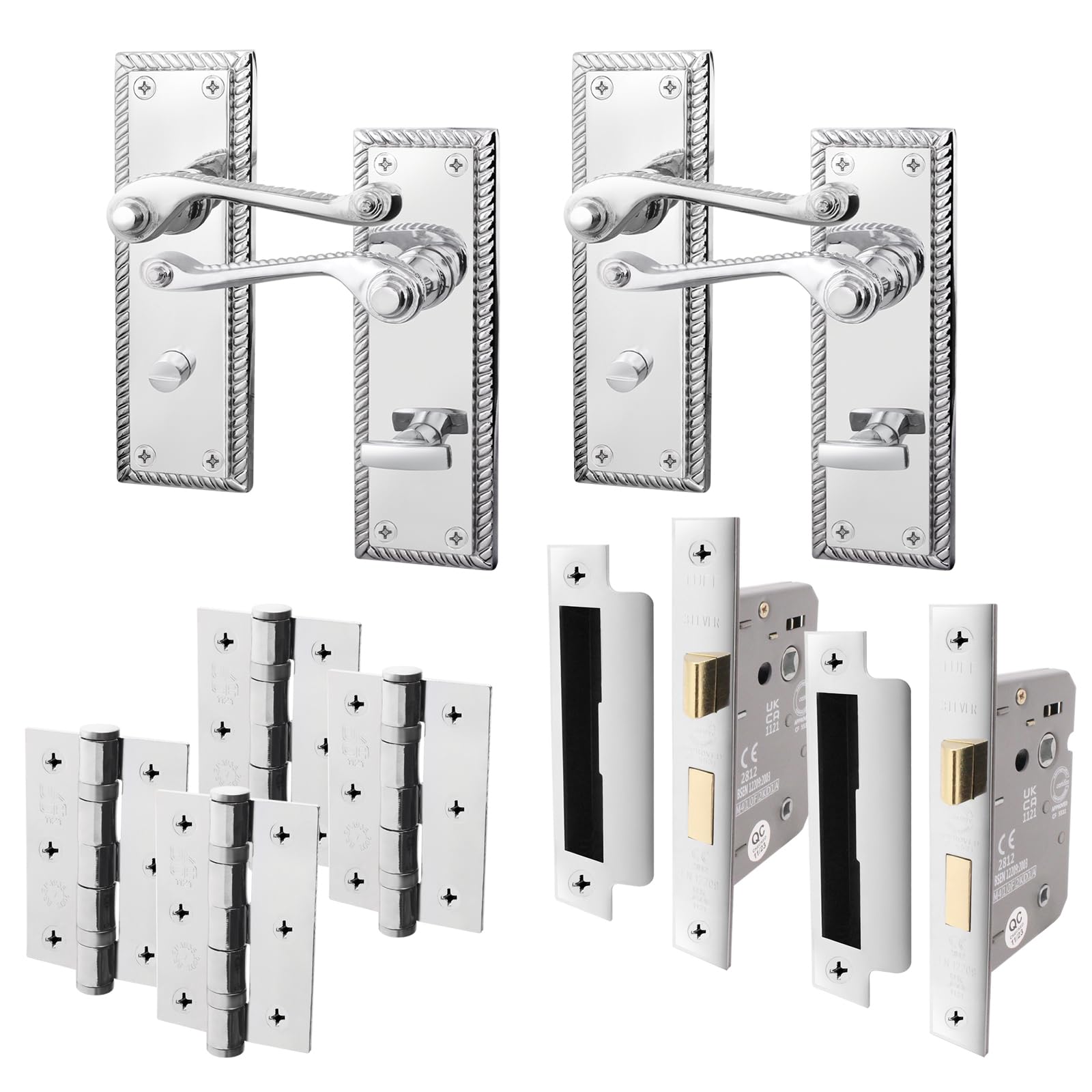 Eai Polished Chrome Georgian Scroll Bathroom Door Handle Set - 2 Pairs Internal Lever Handles, Hinges & Locks 64Mm - Rope Design