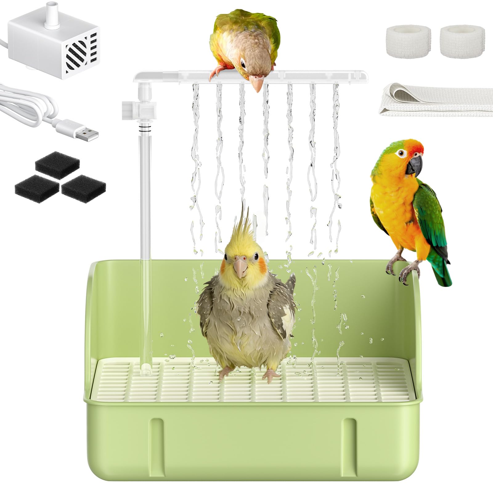 Pawfly Automatic Bird Bath for Cage, Bird Bath with Pump, Filter Sponges & Splash Guard Liner, Large Bird Shower with Running Water, Indoor Parrot Bath for Pet Birds, Bird Cage Accessories