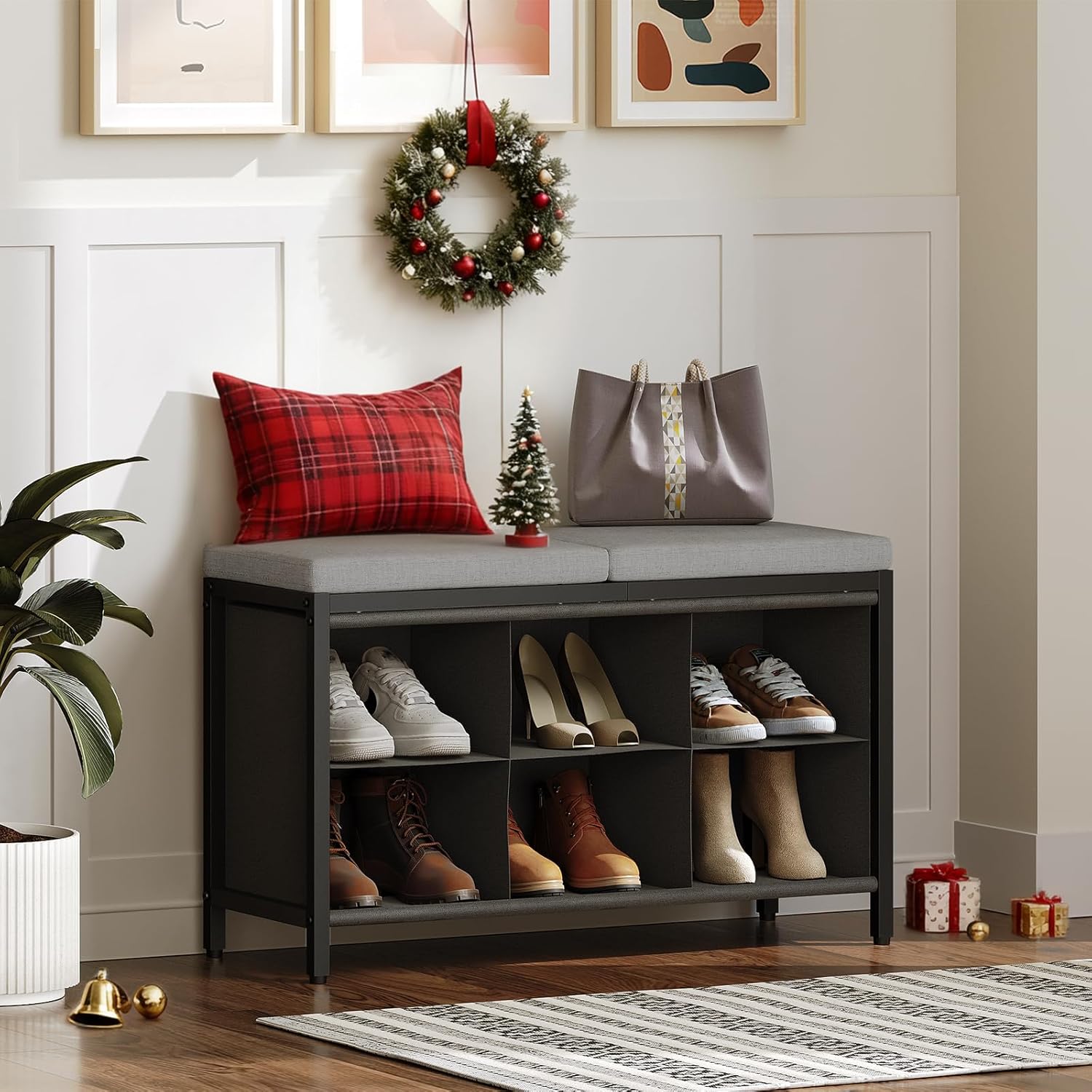 Shoe Storage Bench with Cushion and Coat Rack Stand Bundle, for Closet, Bedroom, Entryway, HX01BK-YM03BB