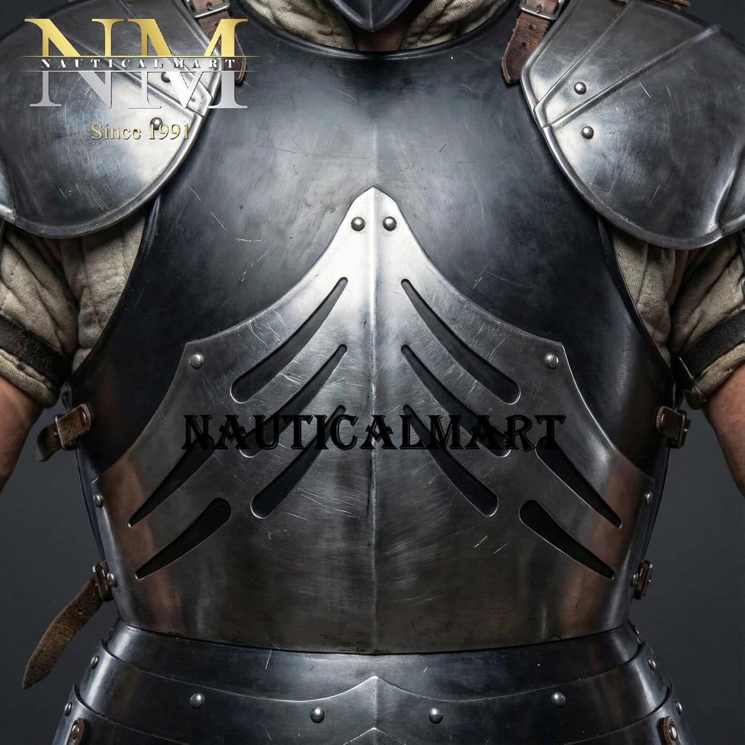 ConQuest Black Ice Armor Complete Set Wearable Medieval Knight Full Body Armor Suit | Steel Plate Cuirass & Helmet | Perfect for LARP, Cosplay, & Collectors Adult Men's Knight Display Costume
