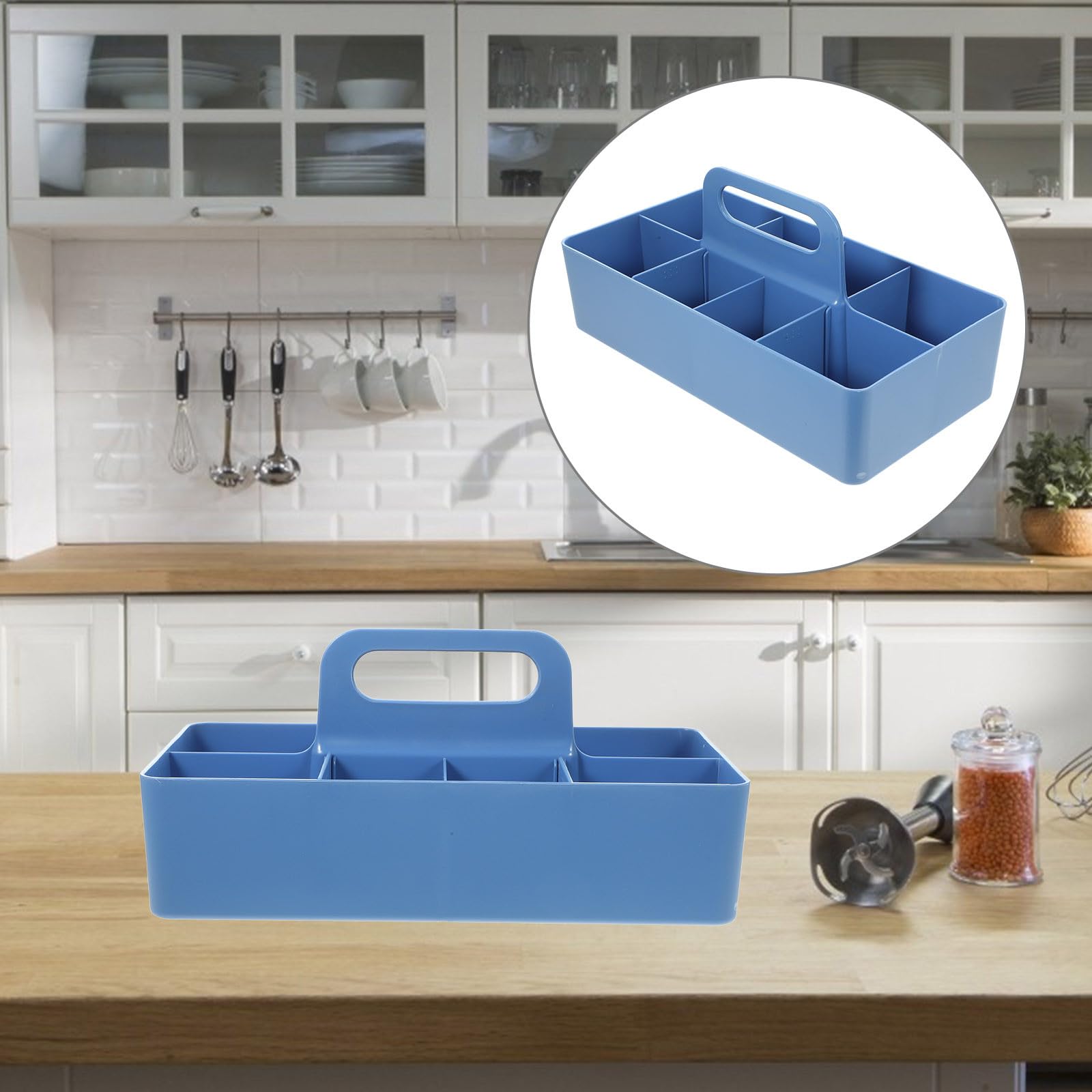 Boîte de Rangement Empilable Compartimentée 33x17x8 Cm Bleu Poignée, Organiseur de Table Multifonction pour Bureau, Matériel Artistique et Papeterie, Conteneur Pratique pour Stylo