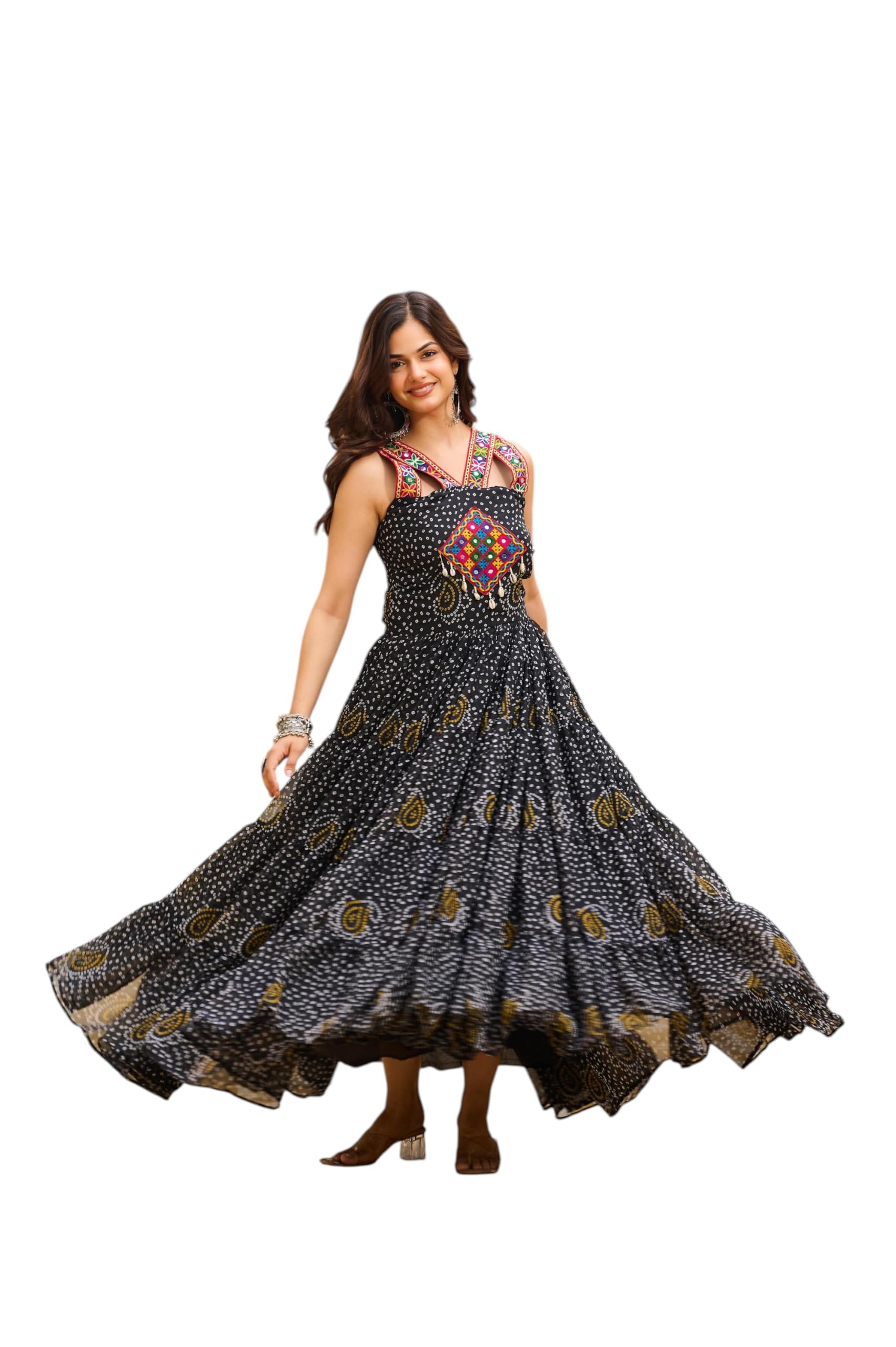 himaira Women's Georgette bandhni Print Anarkali Maxi Dress | Sleeveless Flared Ethnic Gown with Embroidered Yoke | Casual, Festive Long Dress |-picture-13