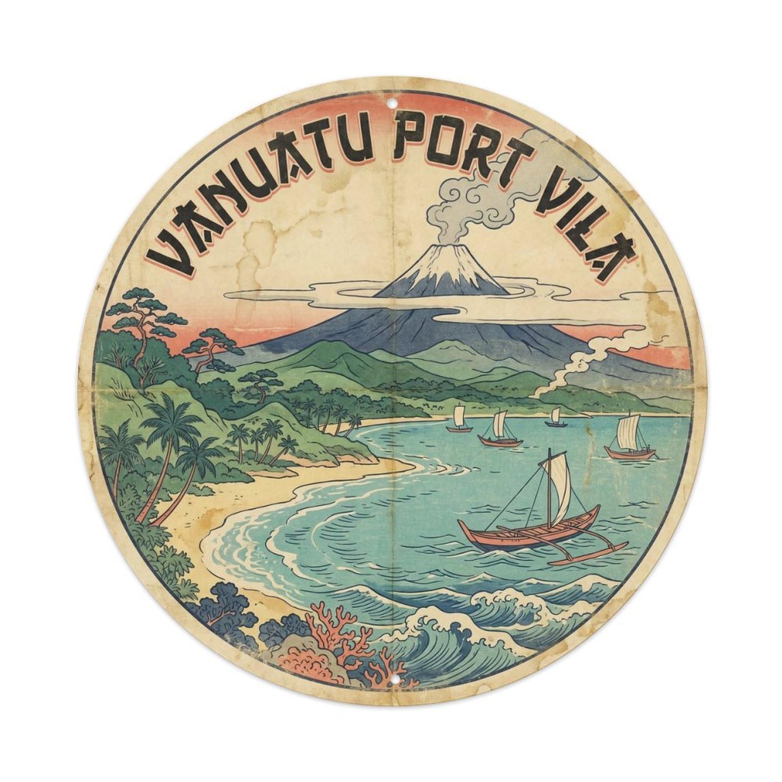 Vanuatu Port Vila Ocean Coast Woodblock Travel Metal Tin Sign