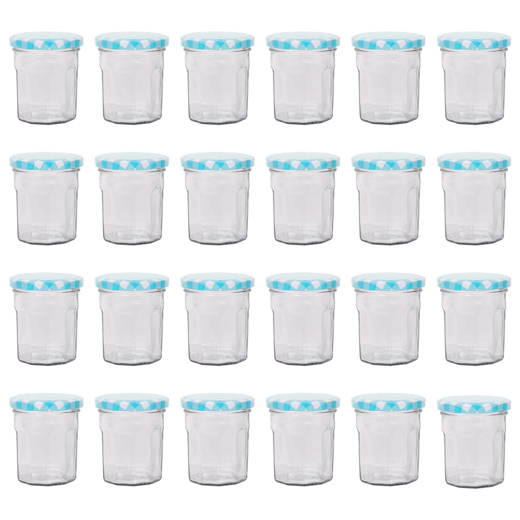 Argon Tableware Glass Jam Jars with Airtight Blue Gingham Lids - 150ml - Pack of 24 - Empty Screw Top Kitchen Storage Jar for Food, Honey, Spice, Pickling, Preserving, Candle Making