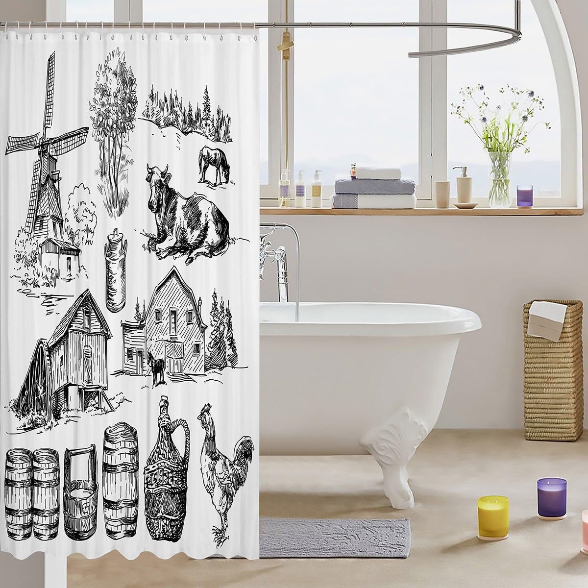 ECOTOB Duschvorhang Bauernhoftiere 180x180 Cm – Rustikaler Landhaus-Stil Aus Polyester, Wasserdicht & Mit Haken