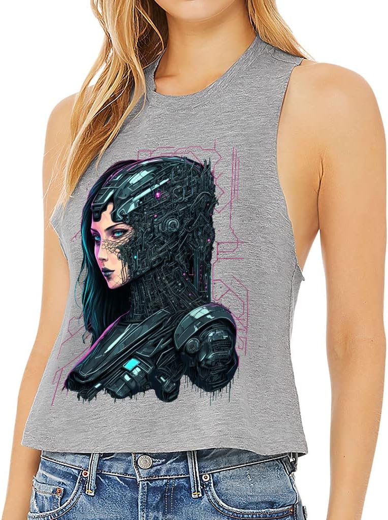 Robot Graphic Racerback Cropped Tank - Unique Women's Tank - Fantasy Tank Top