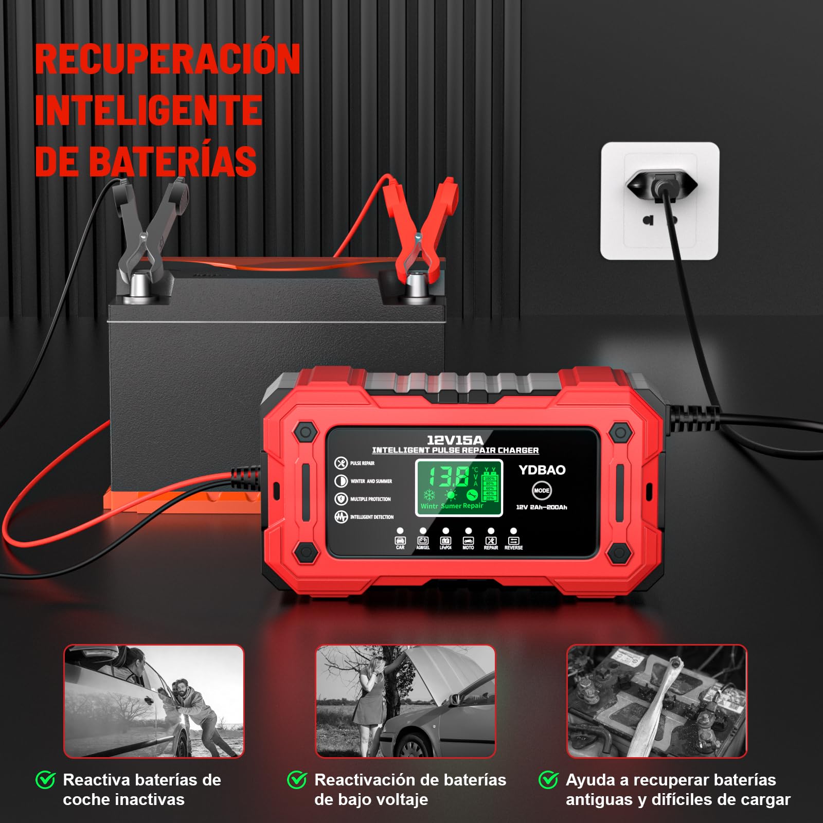 YDBAO 12V 15A Cargador de Batería de Coche Cargador Baterias Coche y Moto Inteligente con Reparación y Pantalla LCD y Múltiples Protecciones Cargador bateria para Coche Moto AGM SLA Gel LiFePO4