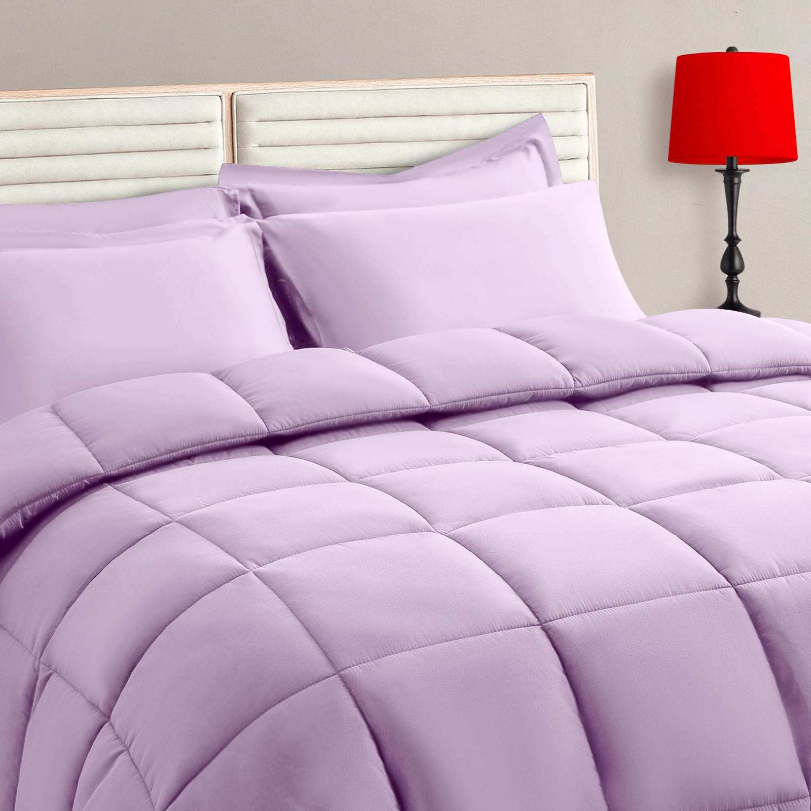 TAIMIT Light Purple King Comforter Set - 7 Pieces, Bed in a Bag Bedding Sets with All Season Soft Quilted Warm Fluffy Comforter,Flat Sheet,Fitted Sheet,2 Pillow Shams,2 Pillowcases