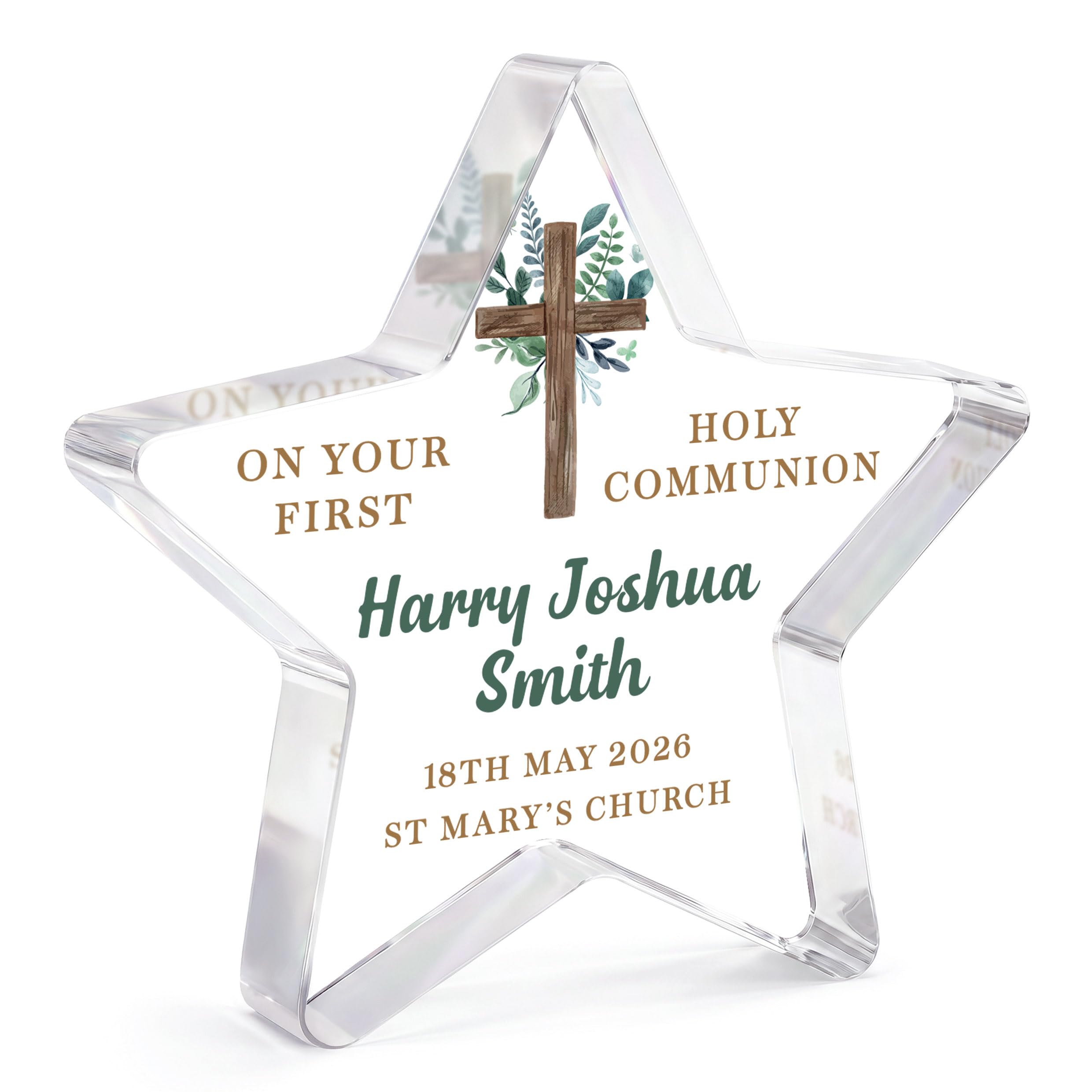 Beecreative Personalised Holy Communion Gifts for Boys - Custom Clear Star Ornament - 1st Holy Communion Present For Godson - With Grey Gift Bag