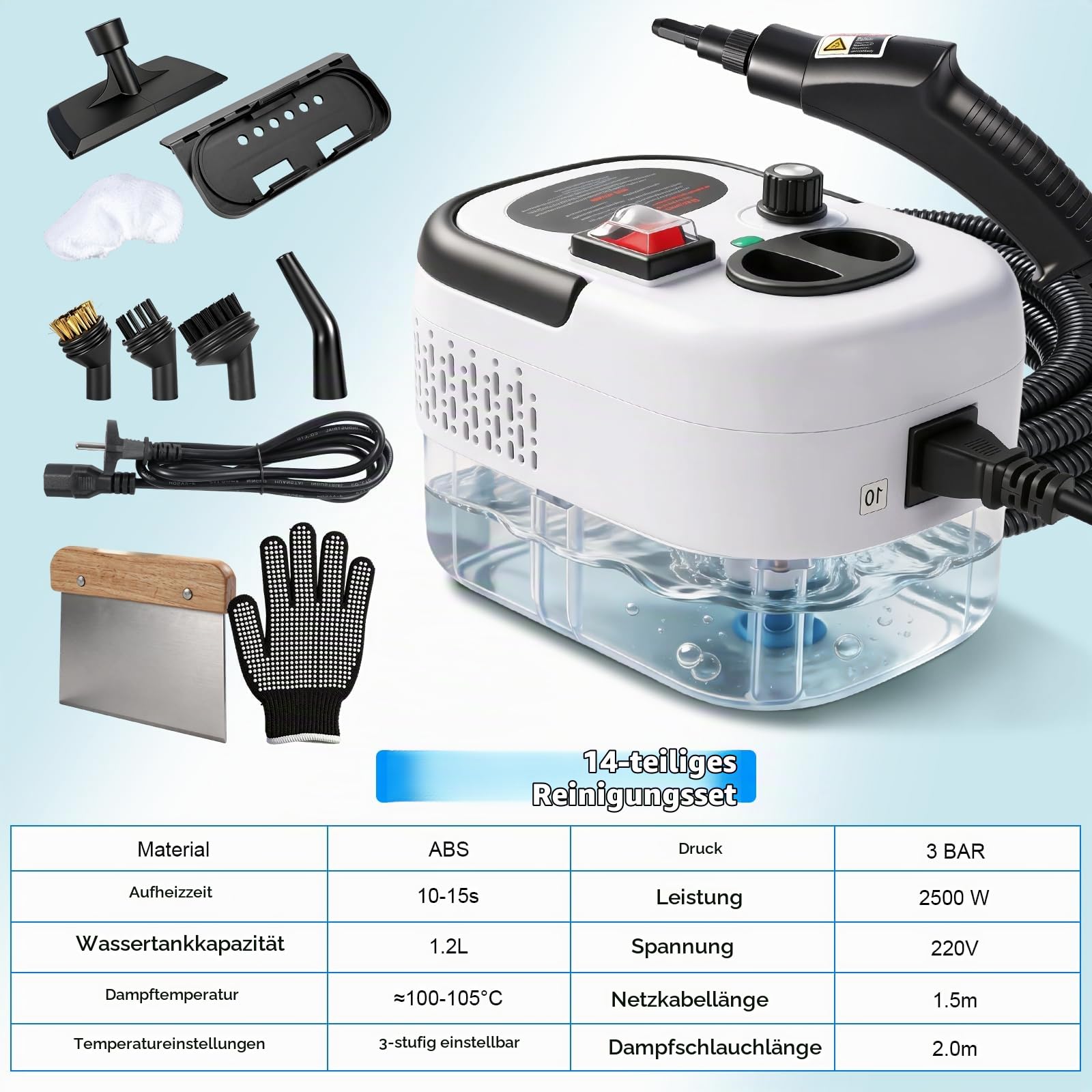Neu 3-Stufig Einstellbarer Dampfreiniger Handgerät für Alles Haushalt Und Auto, 11s Aufheizzeit, 3bar Steam Cleaner, 1,2l Tank Handdampfreiniger für Autos, Haushalt, Küche, Fenstern,Boden
