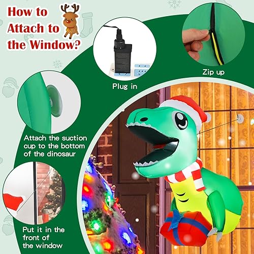 Miniatura 7 de Tangkula Dinosaurio inflable de Navidad de 3.3 pies que estalló de la ventana, dinosaurio colgante con luces LED integradas, decoración de Navidad