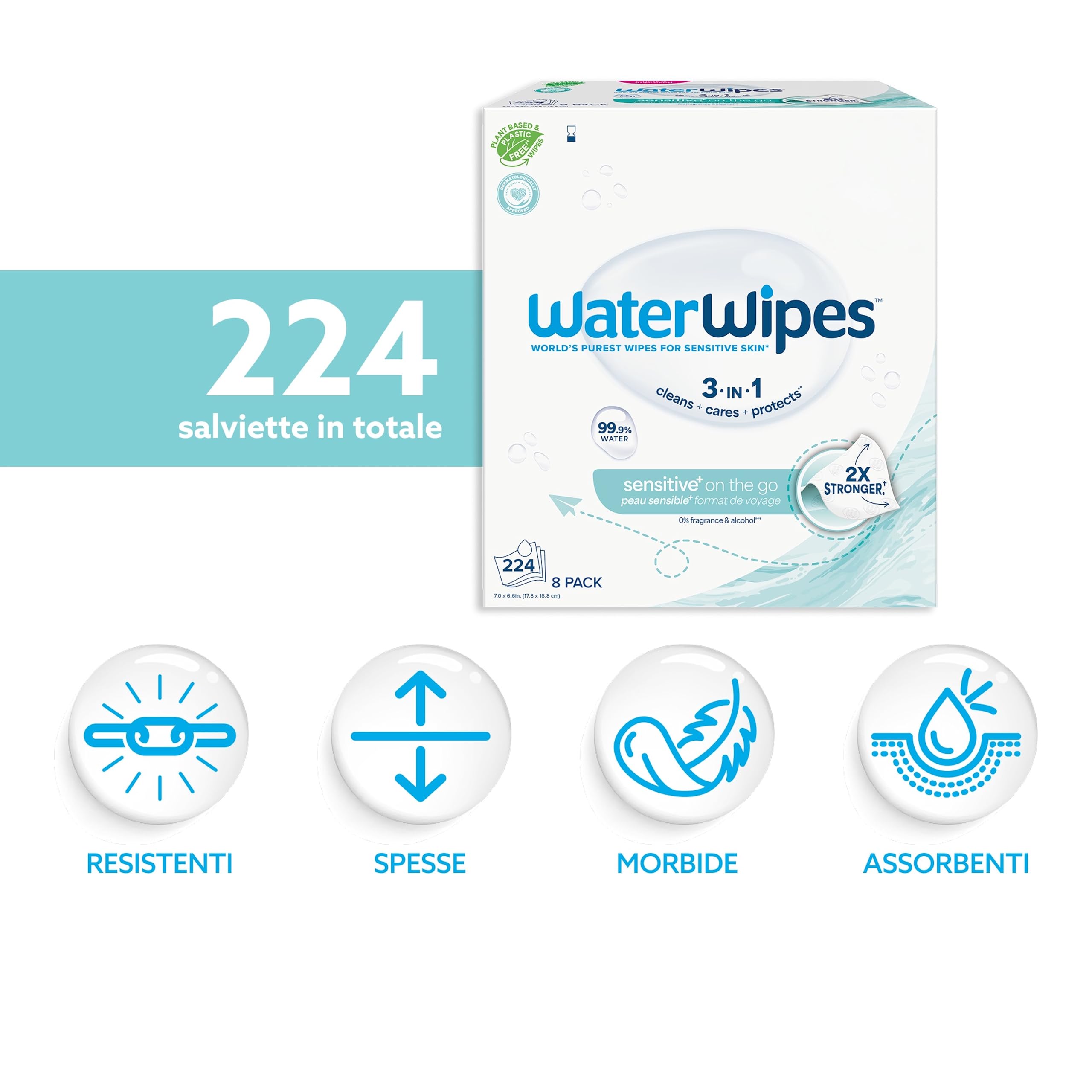 WaterWipes Sensitive+ On The Go Wipes, 224 Pezzi (8 Confezioni), Deterge, Cura, Protegge, 99,9% Acqua, Salviette Umidificate Senza Profumo