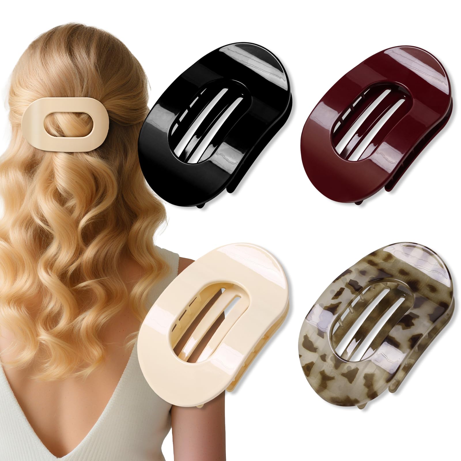 6pcs Flat Hair Clips for Women 3 Styles Ergonomic Curved Hair Claw Clips for Thick Thin Curly Hairs Strong Hold No Slip Matte Claw Clips for All Hair Textures (4pcs-Glossy)