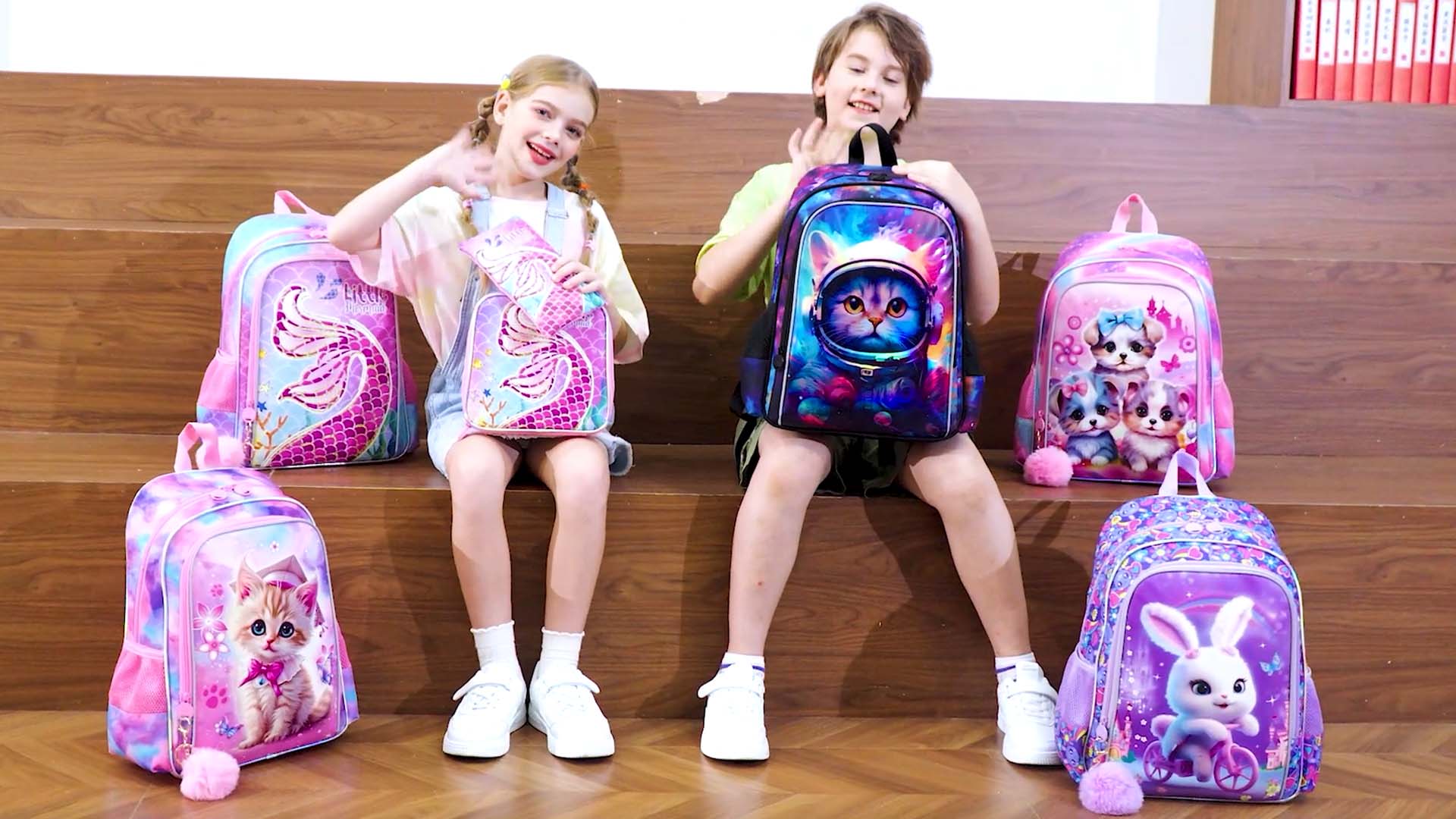 Joyfulife 3-in-1 School Backpack Set For Teens - Lightweight Canvas Stripe Backpack With Lunch Bag & Pencil Case (Sky-blue)