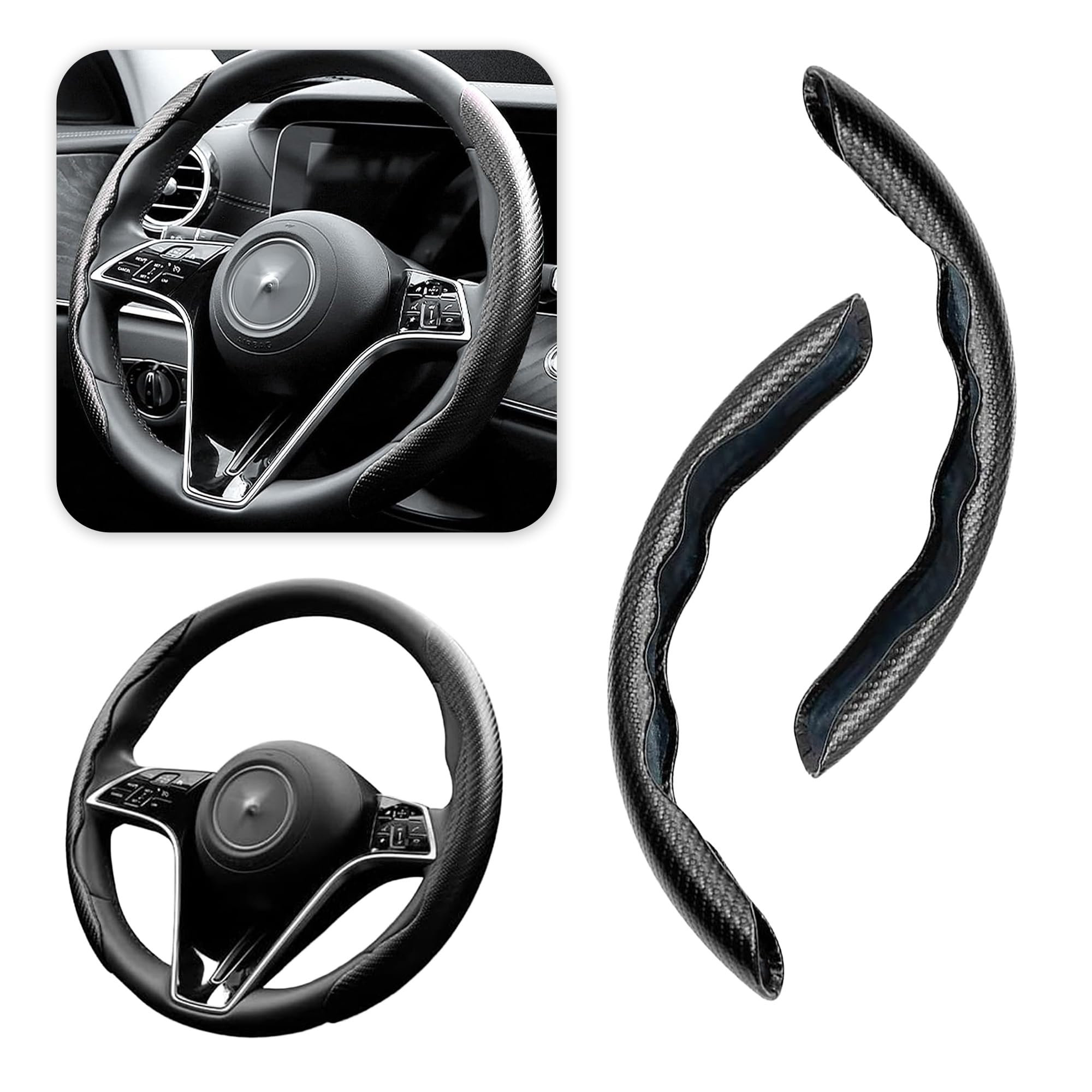 Fibra di Carbonio Coprivolante Auto,Sicuro e Antiscivolo Accessori Auto per Uomini e Donne,Universale 38cm Copri Volante per Auto,Coprimanubrio AAuto per Camion SUV (Nero)