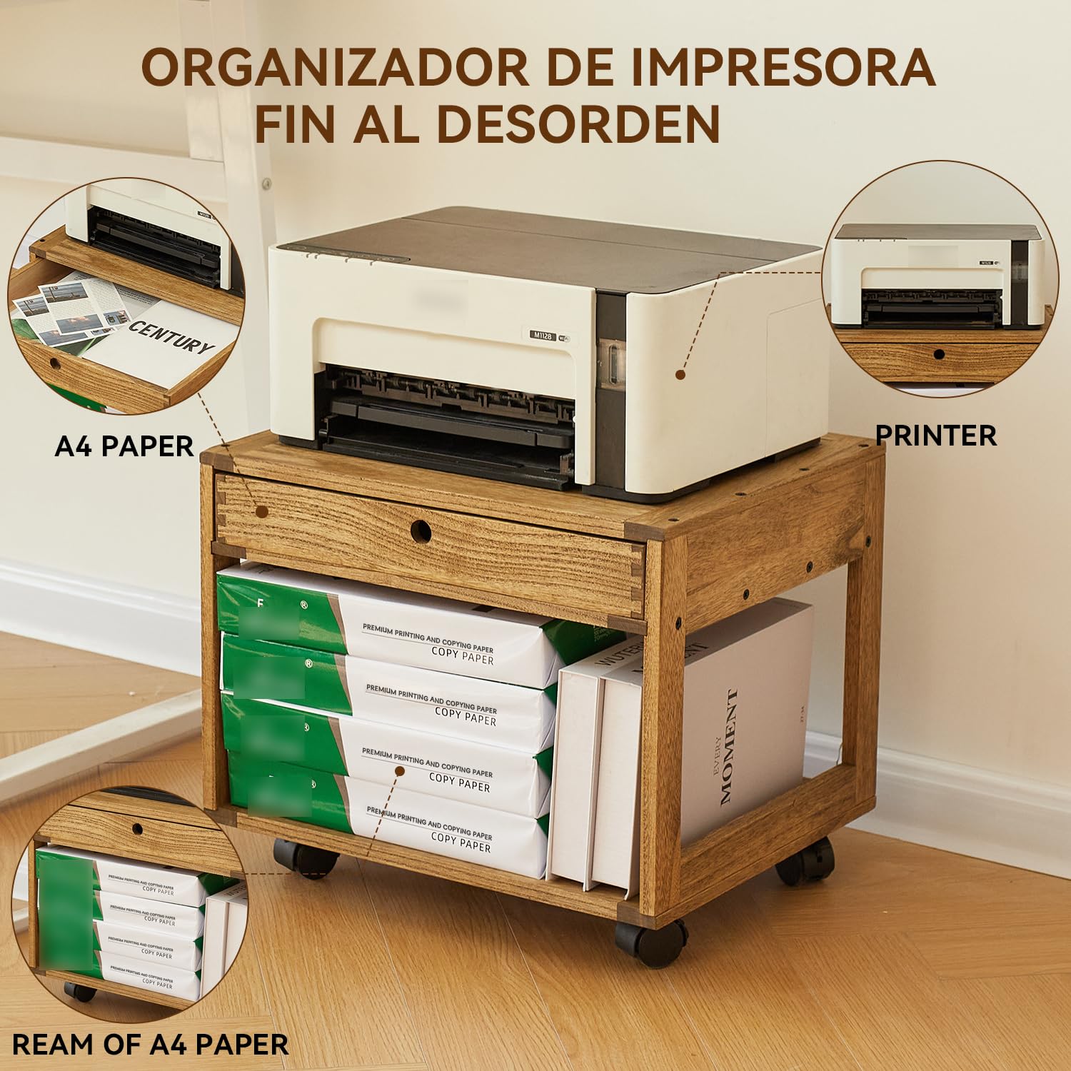 KIRIGRN Estantería Para Impresora De Madera De Paulownia Con Ruedas, Base De Impresora Con Cajón Y Compartimento, Soporte Móvil Con Espacio De Almacenamiento