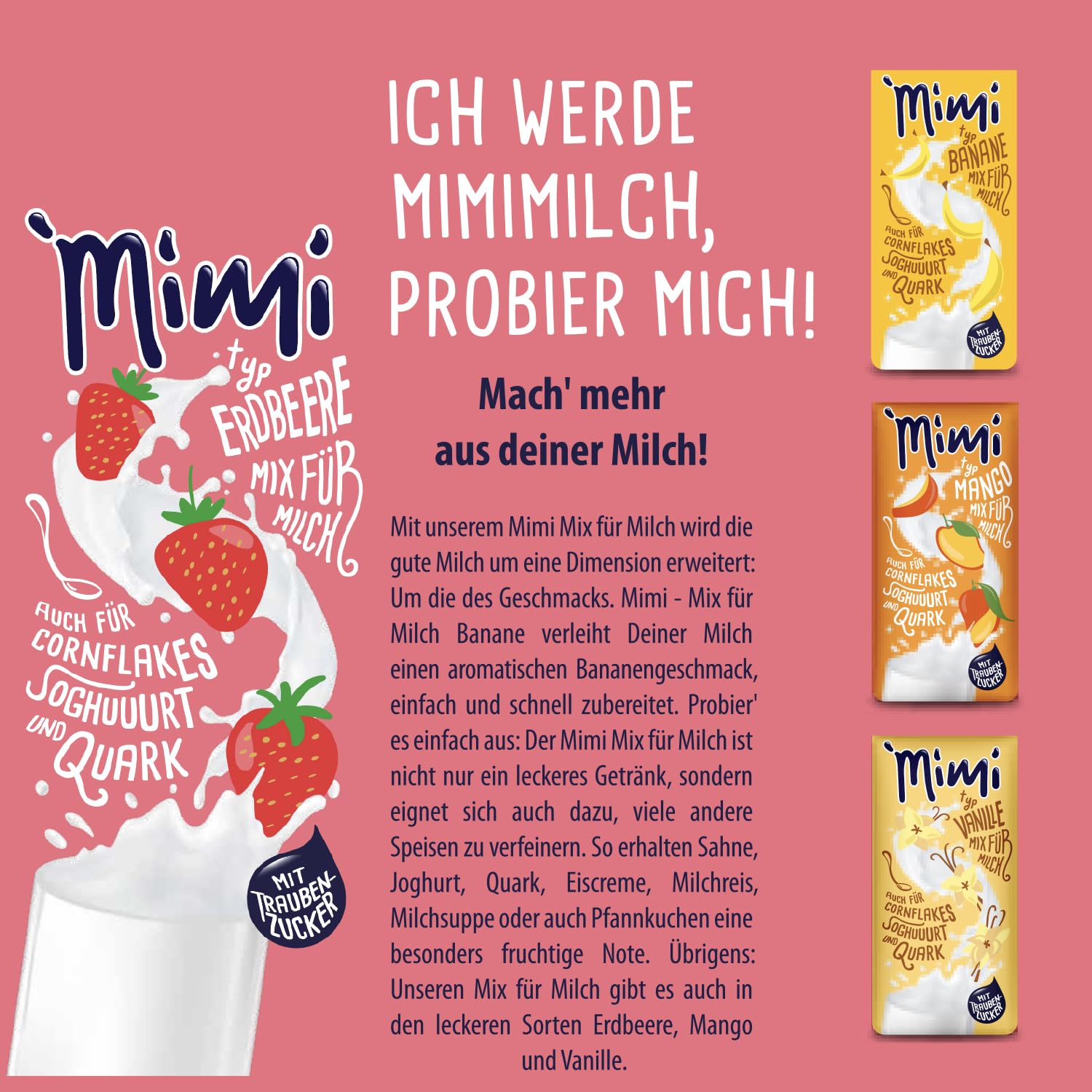 Mimi Milk Mix Fresa Bebida Polvo 12 x 400 g - Pack de Almacenamiento - Polvo de bebida soluble en leche con sabor a fresa - Soluble en frío y caliente - Ideal para ocio, oficina, familia grande