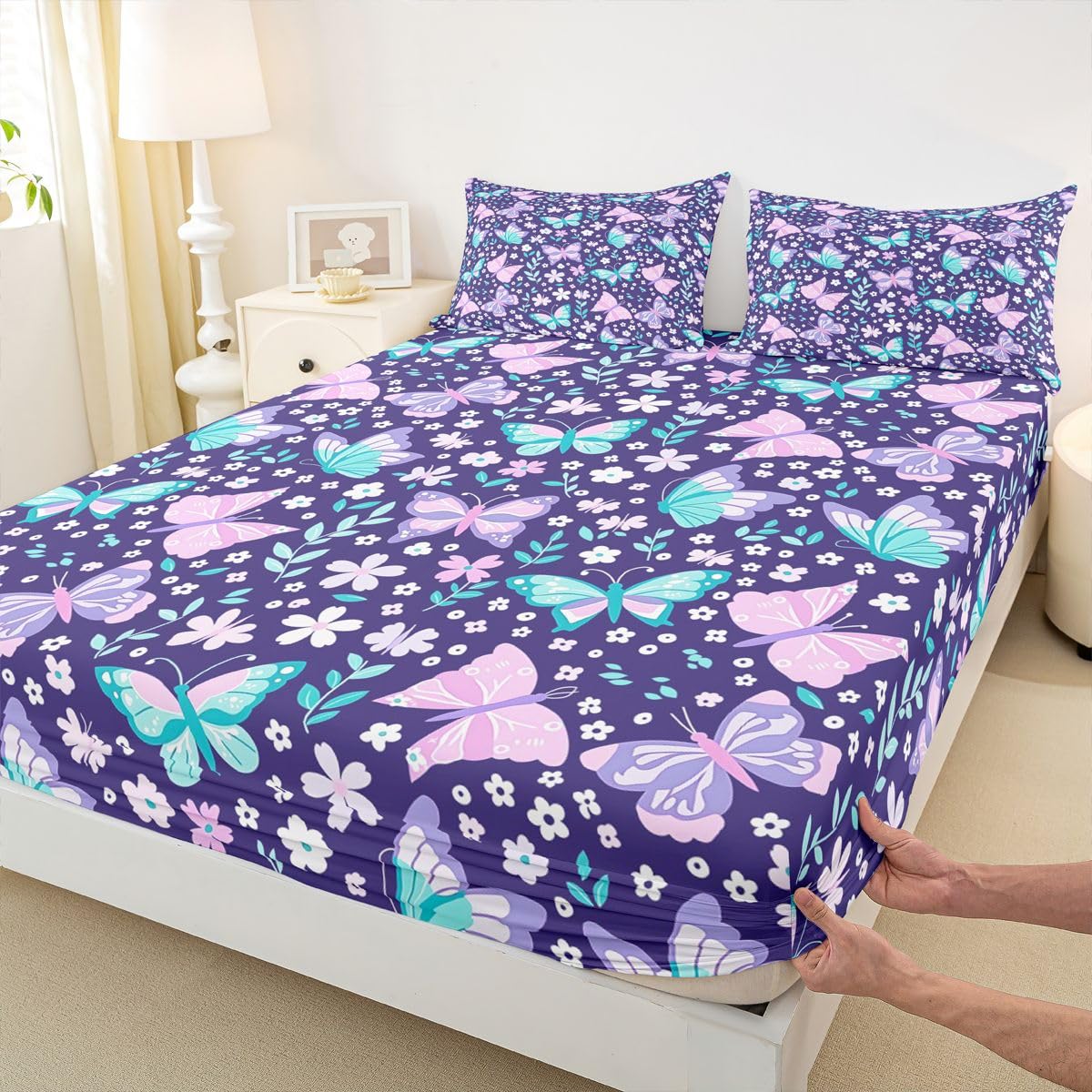 Homemissing Sábana bajera ajustable con 2 fundas de almohada, tamaño King, con estampado de mariposas moradas de 16 pulgadas de profundidad, sábana bajera ajustable para niños y niñas, bonita ropa de