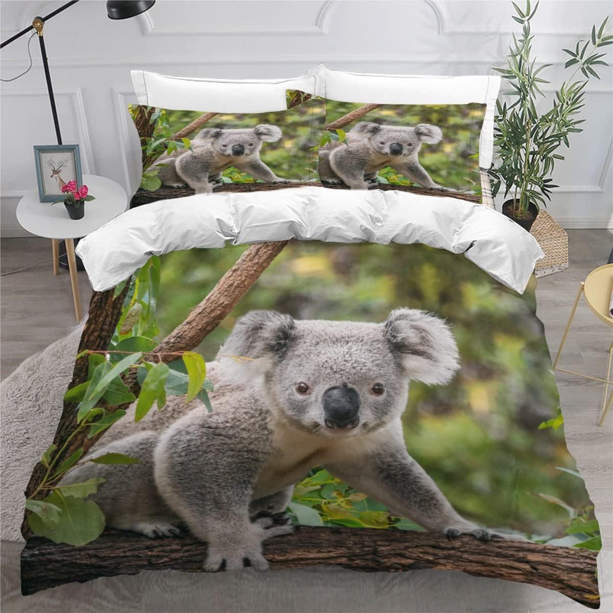 MEVASA Single Bed Kids Bedding Koala Duvet Cover Set Kids Girls Teens Boys Single Bedding Cute Koala Fluffy Microfiber Hypoallergenic Single Duvet Cover 3 Pieces /135x200