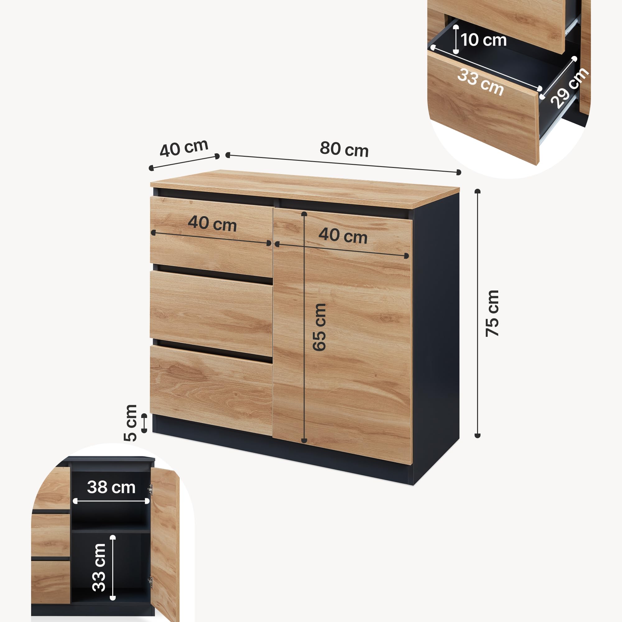 [en.casa] Aparador para Salón Kyr Armario Multiusos con 3 Cajones Compartimentos Cerrados con Puerta Mueble Auxiliar de Cocina Comedor Oficina Aglomerado 80 x 40 x 75 cm - Efecto Roble Rústico/Negro