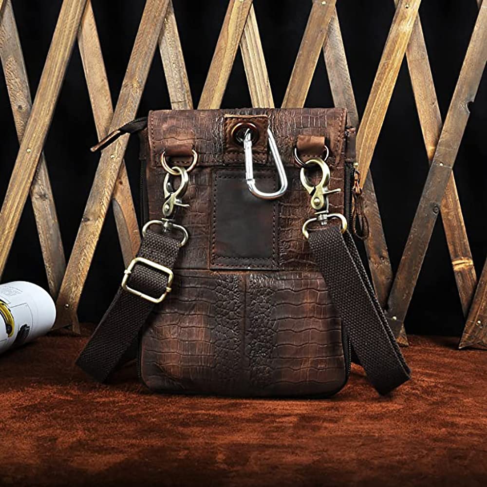 Le'aokuu Herren Verrückt Pferd Leder Tasche Freizeit Universität Schultasche Reisetasche Schultertasche Messenger Bag 611 (611-1 Krokodil Dunkebraun-Größ)