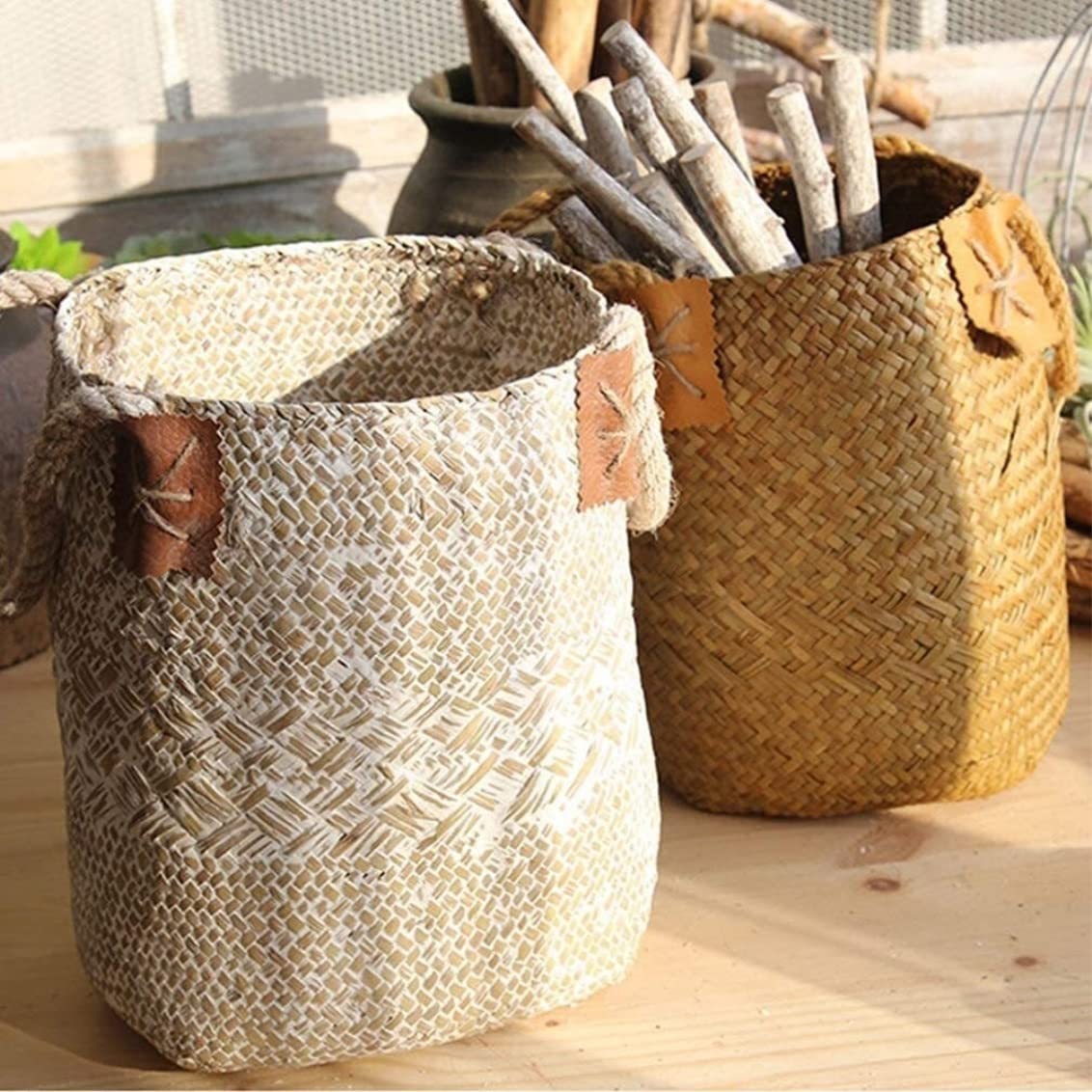 Koszyk Piknikowy Kosz Piknikowy Naturalny Do Sadzenia Kosze Na Brzuch Pojemnik Przechowywania Uchwyty Rośliny Plenerowy(21 * 21 * 25cm)