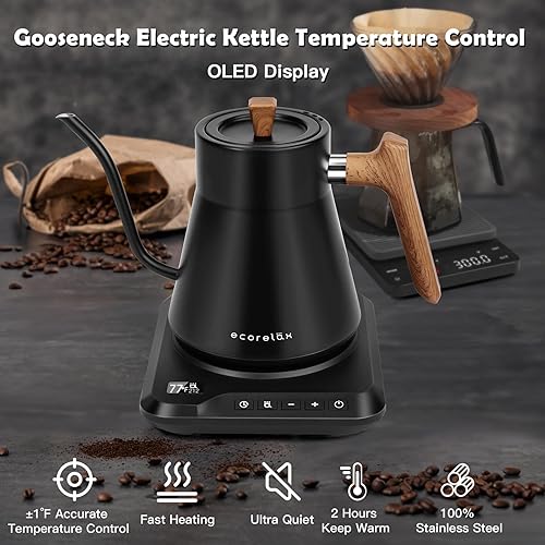Miniatura 2 de Ecorelax Hervidor eléctrico de cuello de cisne con control de temperatura preciso de  1 , 1200 W para café y té, 100% acero inoxidable, hervidor de