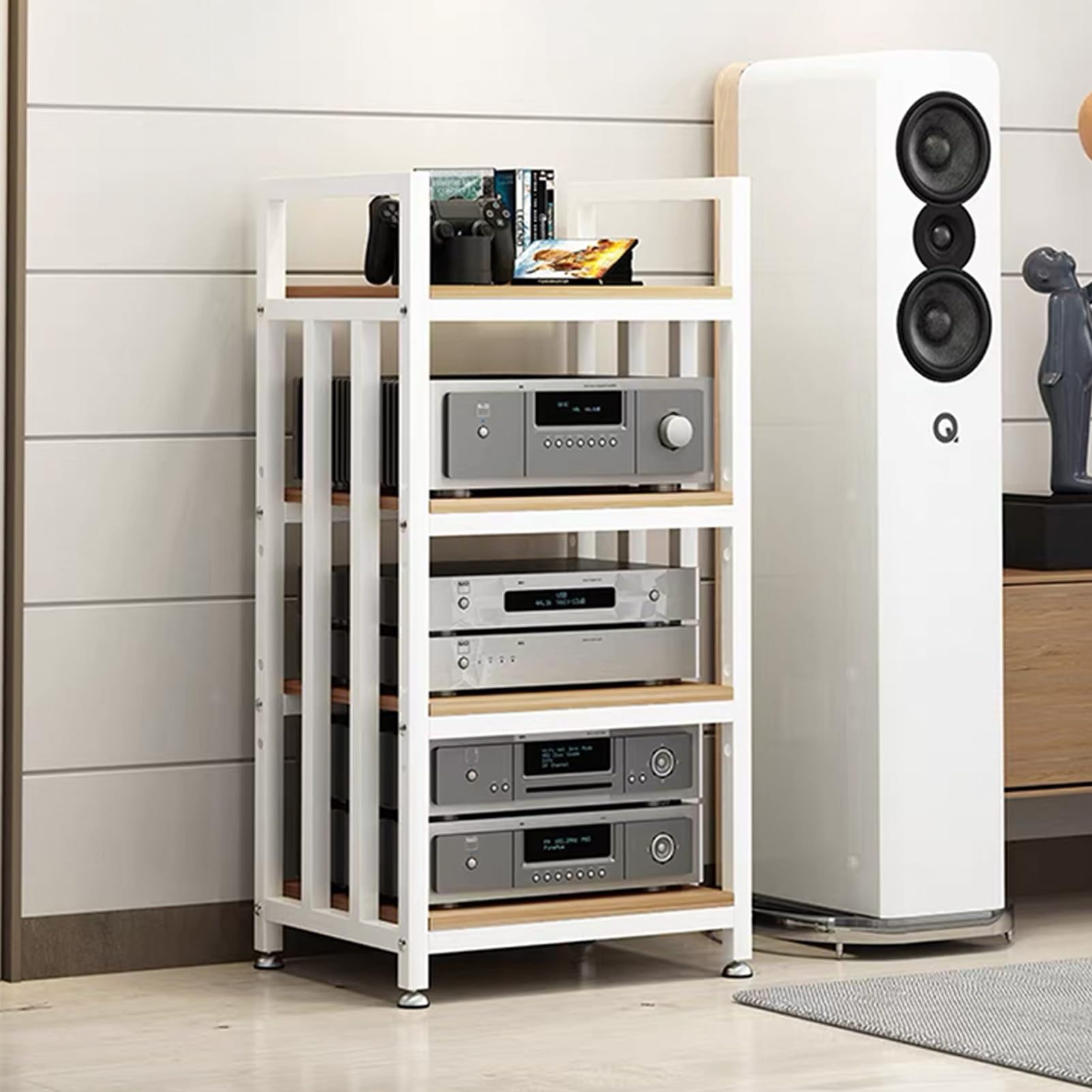 Meuble audio vidéo ouvert 4 niveaux, rack hi fi pour chaîne stéréo