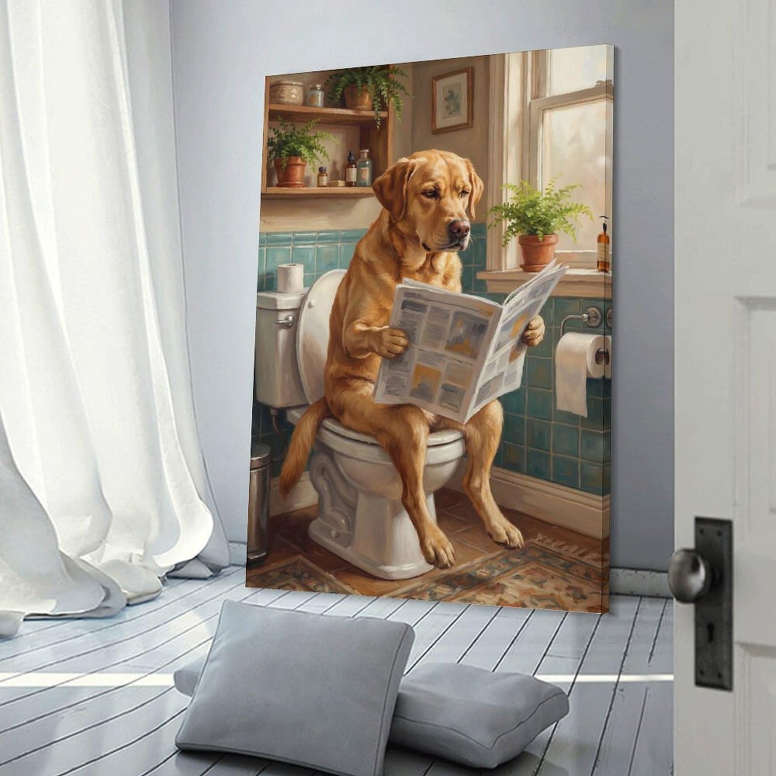 Junmoney Frame-Style-23 Decorative Wall Artwork Dog Reading Newspaper On Toilet, 24X36inch(60X90cm), For New Homes, Bedrooms Or Workspaces, Canvas Artwork With Gifting Potential