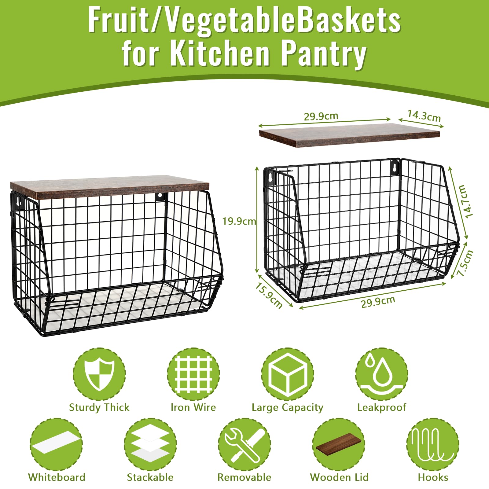 Tapvai Sprifityy Portafrutta Cesto Frutta da Tavolo,con Coperchio in Legno,Impilabile e Montabile a Parete Cestino Frutta,Frutta e Verdura Organizer da bagno in filo metallico